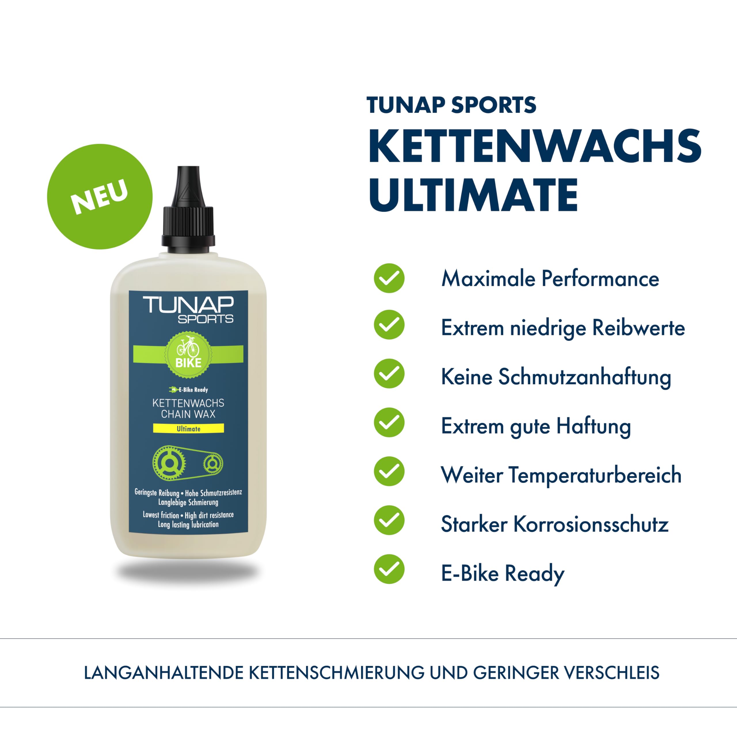 TUNAP SPORTS Flacone contagocce Ultimate – 100 ml | Matrice di cera grassa con particelle di ceramica per catene di biciclette | E-Bike Ready | Made in Germany