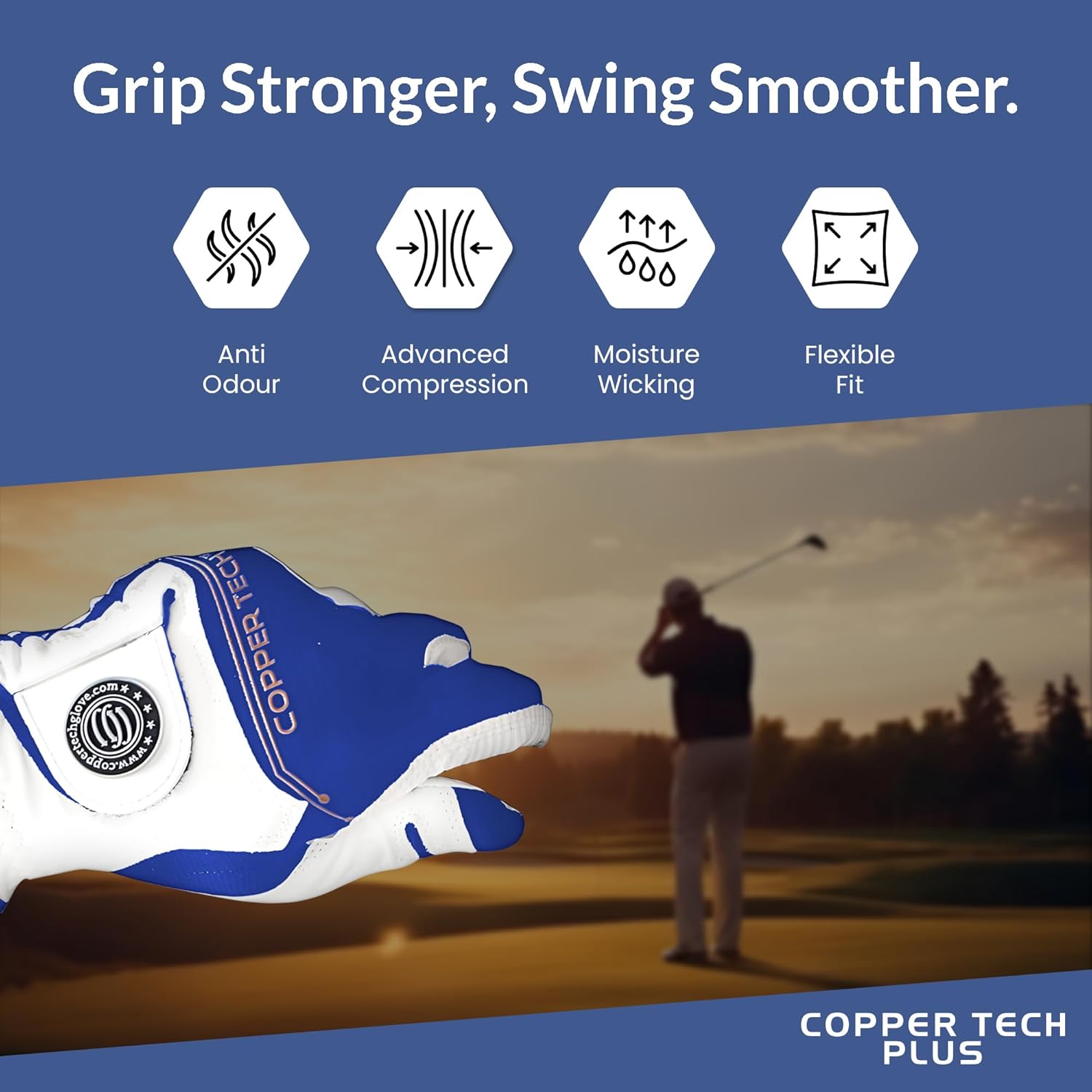 Men’s Golf Glove – White/Royal Blue – Copper Infused Compression for Arthritis Relief, Non-Slip Silicone Grip – USGA Approved
