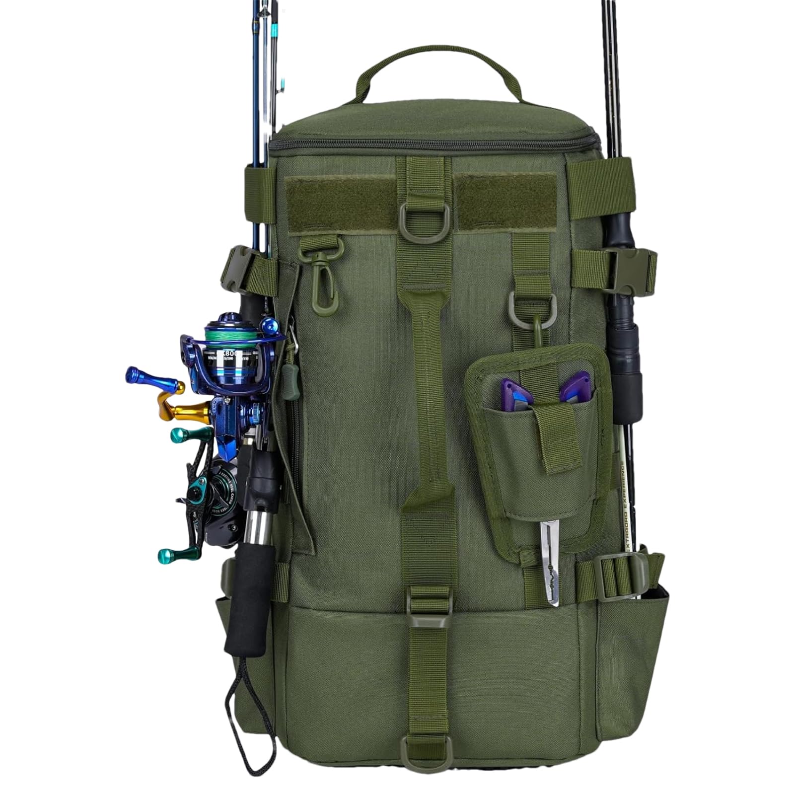 Zaino per attrezzatura da pesca, borsa portaoggetti da pesca all'aperto | con supporti per canna da pesca, borsa versatile per campeggio, escursionismo e attrezzatura da pesca, Verde militare, Siehe