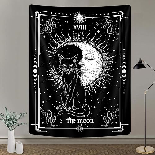 Tapiz vertical gótico de gato negro, bruja, carta de tarot en blanco y negro, alas de murciélago, gatos, tapices geniales para hombres, fases
