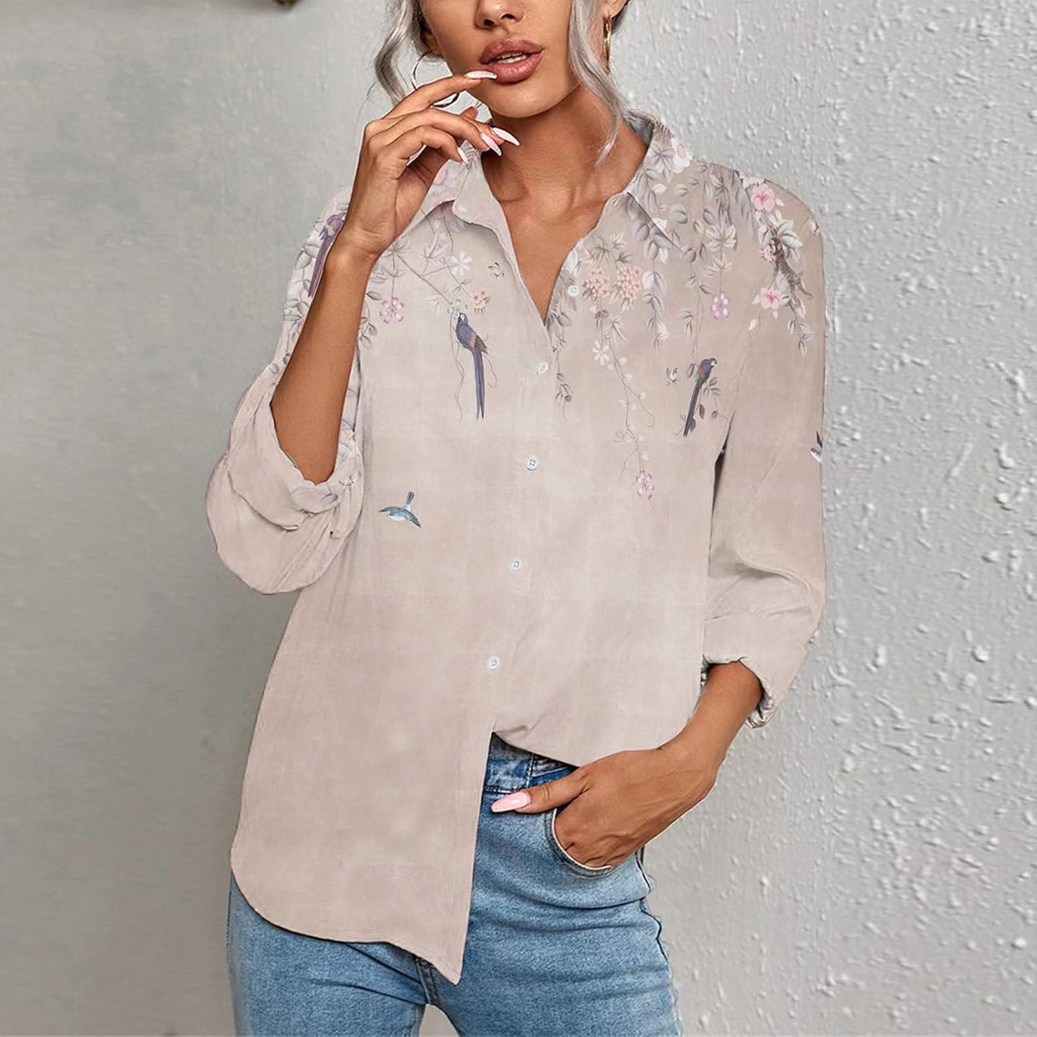 Womens Shirts Fashion Loose 3/4 Sleeve Summer V Neck Button up Color Block Floral Blouse Casual Tops and T Shirts - Image 3