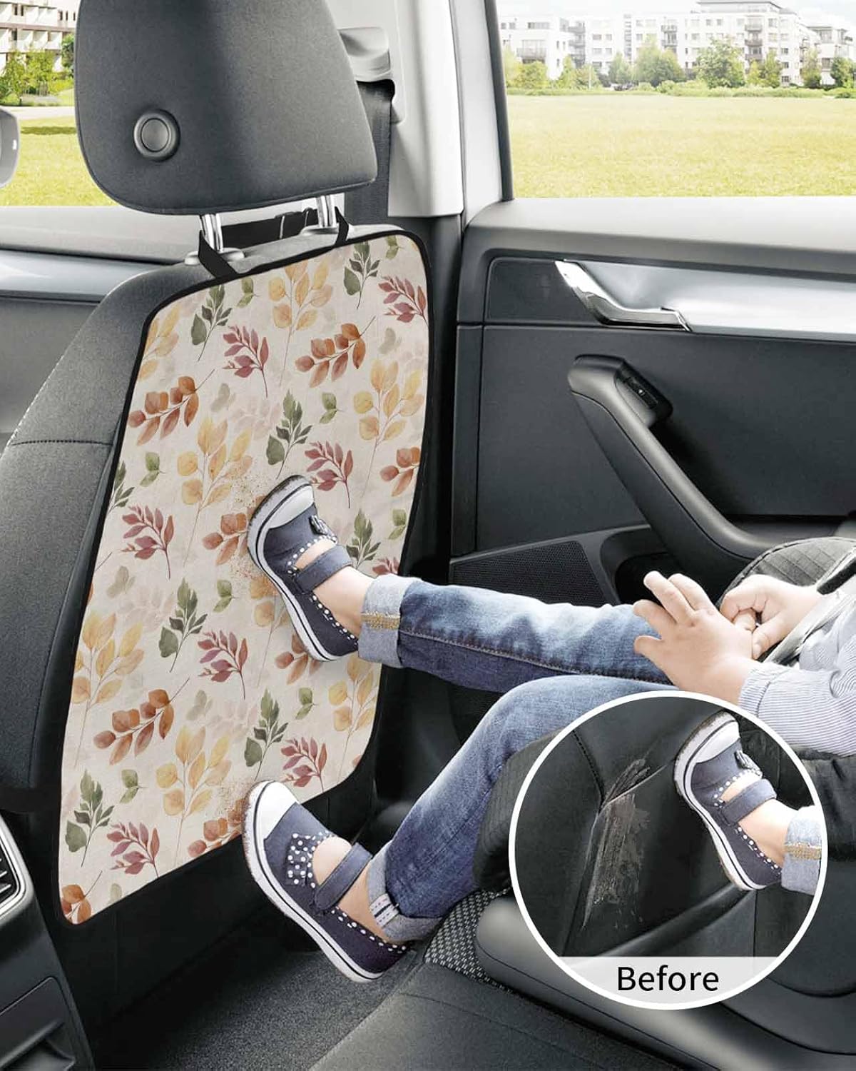 Car Seat Protector, 2 Pack Kick Mats Back Seat Protector Fall Colorful Eucalyptus Leaves Pattern Linen Texture Waterproof Backseat Cover for Kids Universal Fit Automotive Interior Protectors