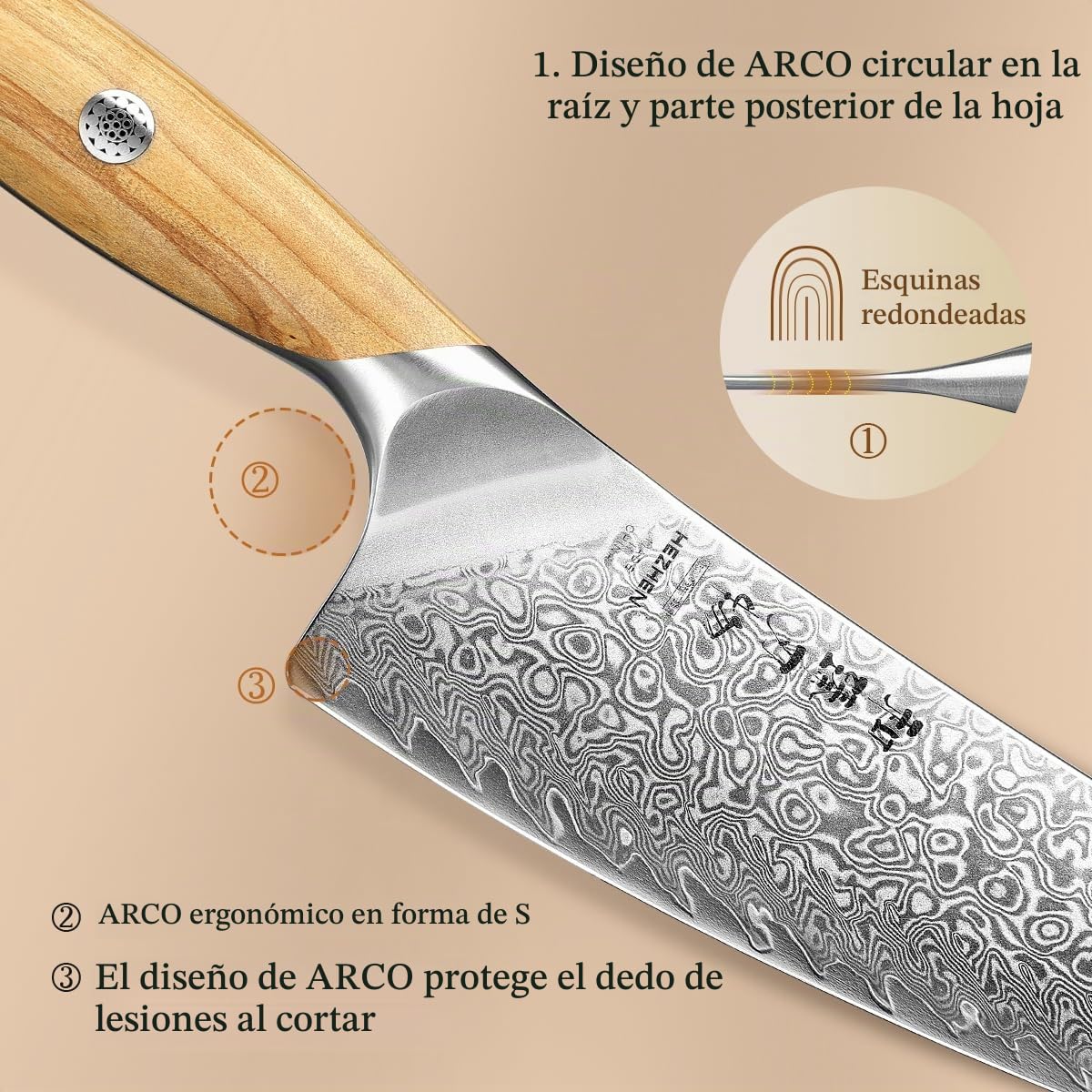 HEZHEN Cuchillo de Cocina Damasco, 21CM Cuchillo Chef de Acero Damasco de 73 Capas, Cuchillo de Cocinero Profesional Mango de Madera de Olivo