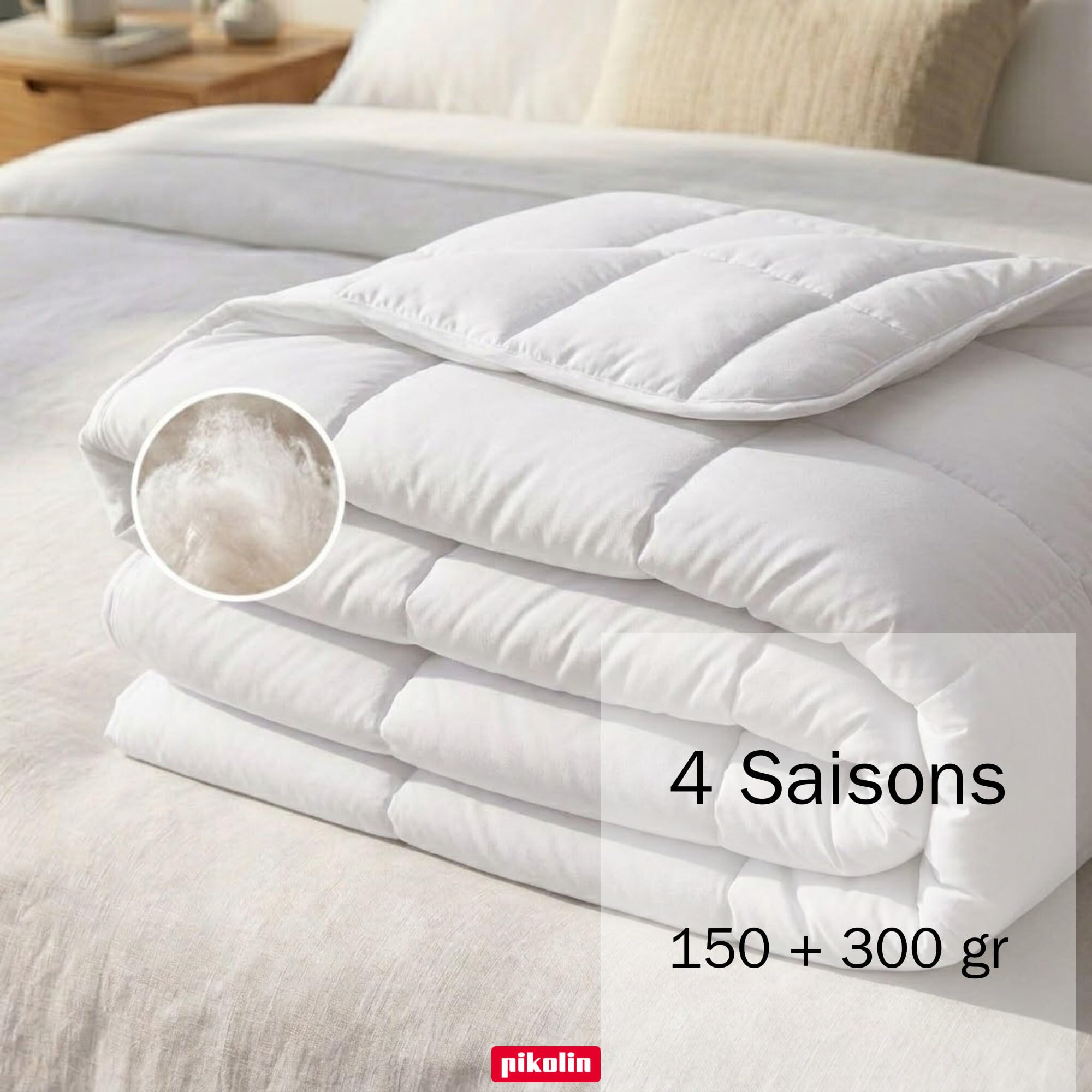 PIKOLIN Couette 140 x 200 cm 150+300 gr 4 Saisons en Fibre Ecolofil pour Lit 1 Personne - Couette Hypoallergénique, Lavable, Douce et Respirante