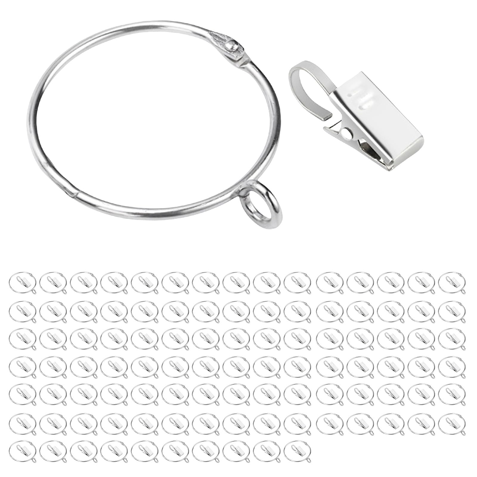 Curtain Rings in Silver Stainlessed Steel Finish, Curtain Hooks Hangers Clips for Easy Hanging of Drapes 50 / 100Pieces Set Hardware