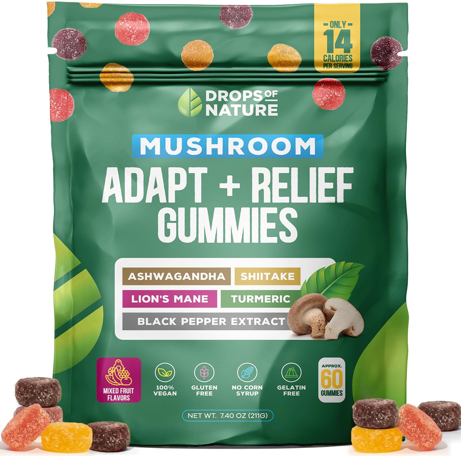 Ashwagandha & Turmeric Mushroom Gummies - Shiitake Mushroom Turmeric Curcumin with Black Pepper, Vitamin C Boost, Support Immunity & Digestion, Vegan Ashwagandha Supplements (Mixed Fruits, 60 Gummies)