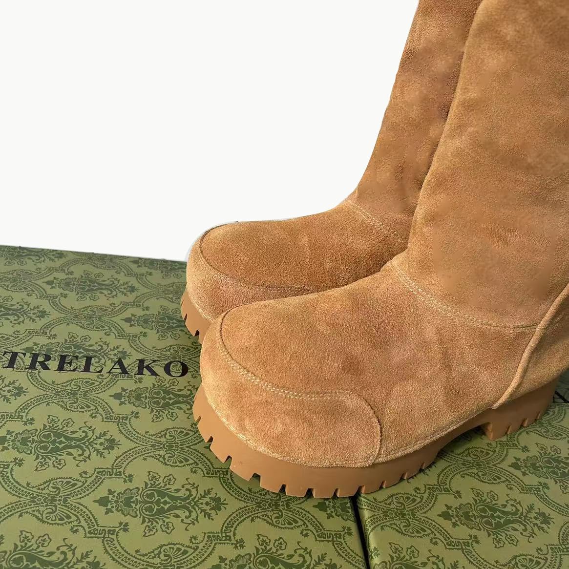 Platform Snow Boots for Women Suede Classic Fur Hippy Mid Calf Winter Boots Slip On High Boots Comfortable Chunky Trending Shoes Biege - Image 2