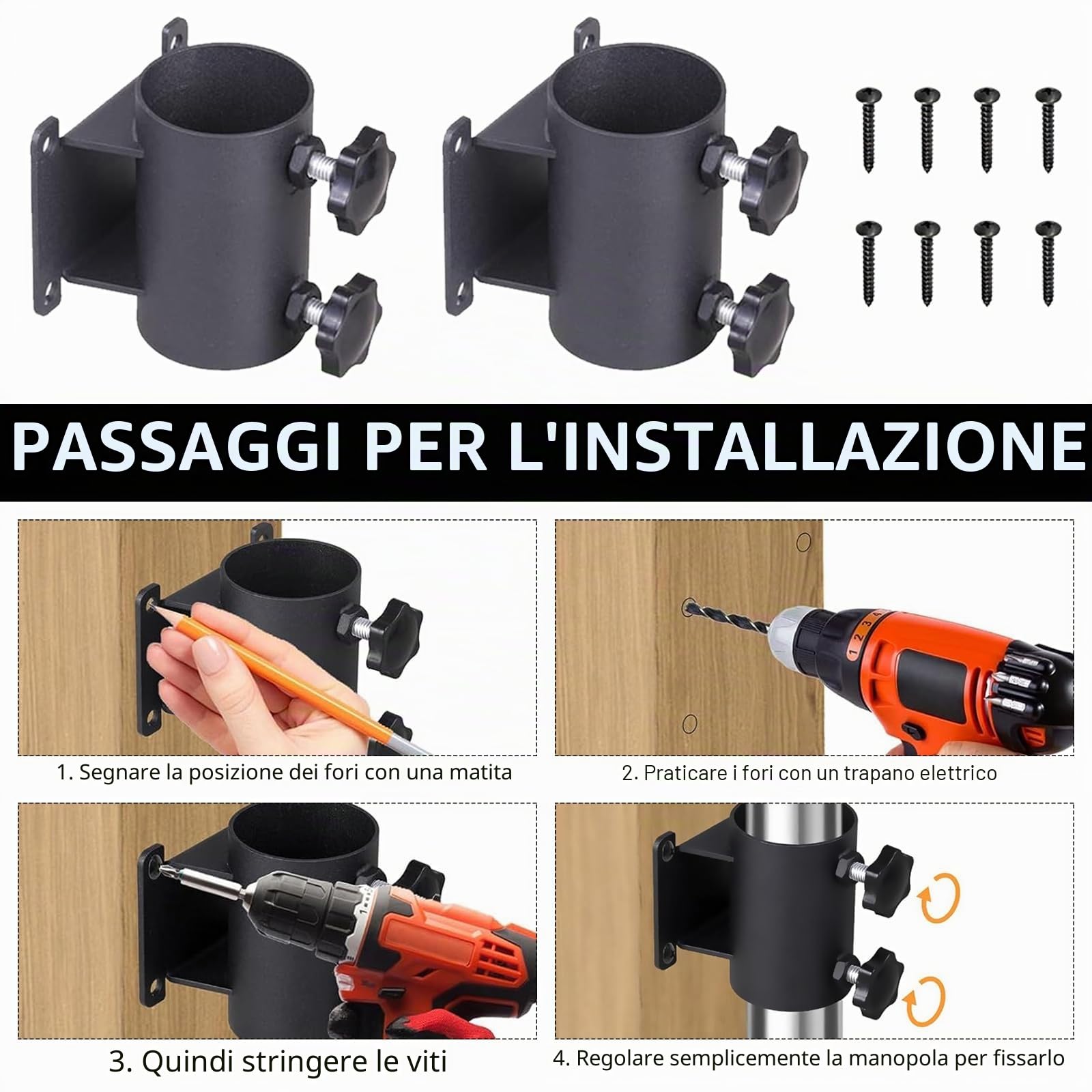 Portaombrellone, 2PCS Morsetto Per Ombrellone Regolabile In Metallo Attacco Per Ombrellone Da Giardino Per Esterni Balconi Cortili Giardini Adatto Per Pali Per Ombrellone Con Diametro Da 33mm - 51mm