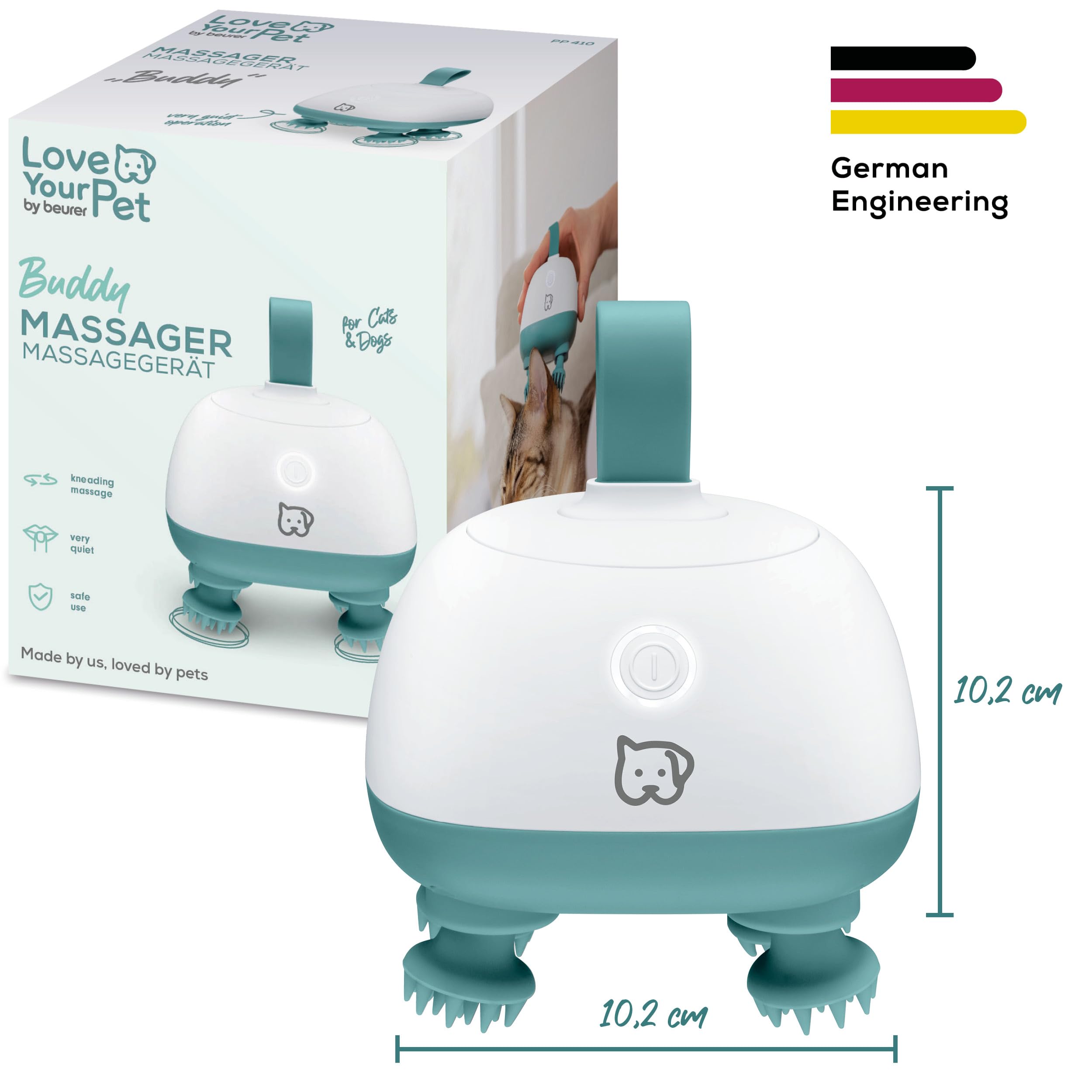 Love Your Pet by beurer Massagegerät Buddy für Hunde und Katzen, entspannende Kopfmassage und Körpermassage für Haustiere, Anti-Stress-Massage, besonders leise, Silikon-Massageaufsätze, mit Akku