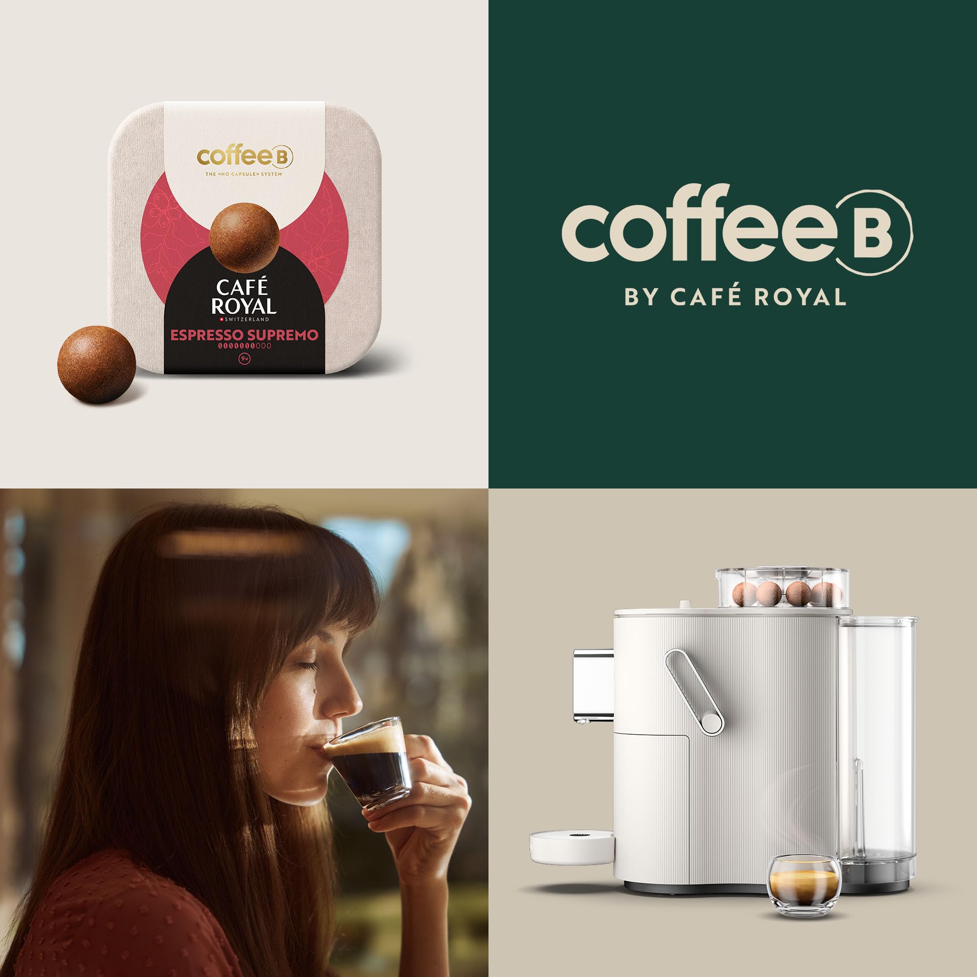 CAFE ROYAL SWITZERLAND PROFESSIONAL Machine à Café CoffeeB Globe Blanc 1.3L avec 90 Coffee Balls Espresso Supremo - 100% Compostables