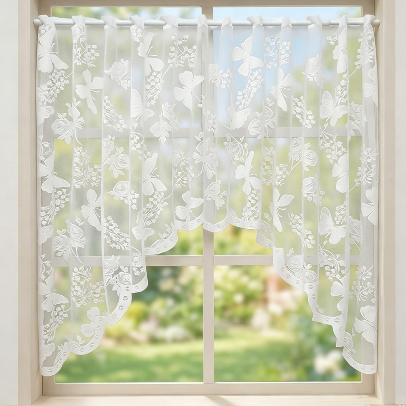 QhgPnt Lace Curtains for Windows, Kitchen Net Curtains with Triangle Design, Sheer White Fabric for Bedroom and Cafรฉ Decor, Jardiniere Net Curtains for Window Treatments