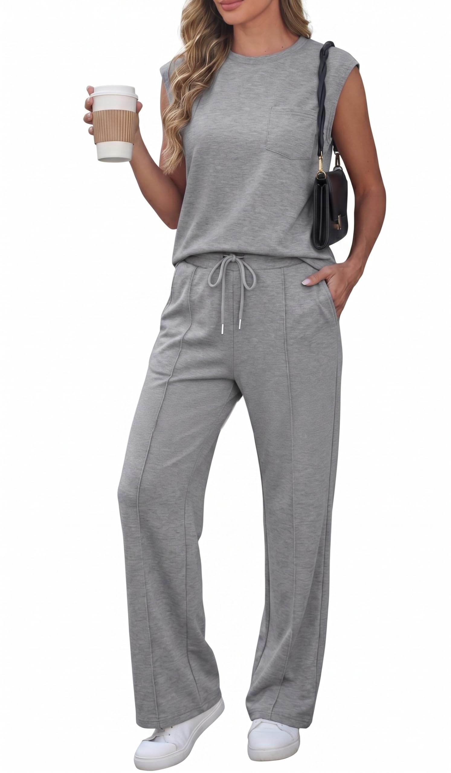Tracksuit Womens Full Set Summer Airport Two Piece Travel Outfits Lounge Wear Casual Cap Sleeve Top & Wide Leg Trousers with Pockets-image-35