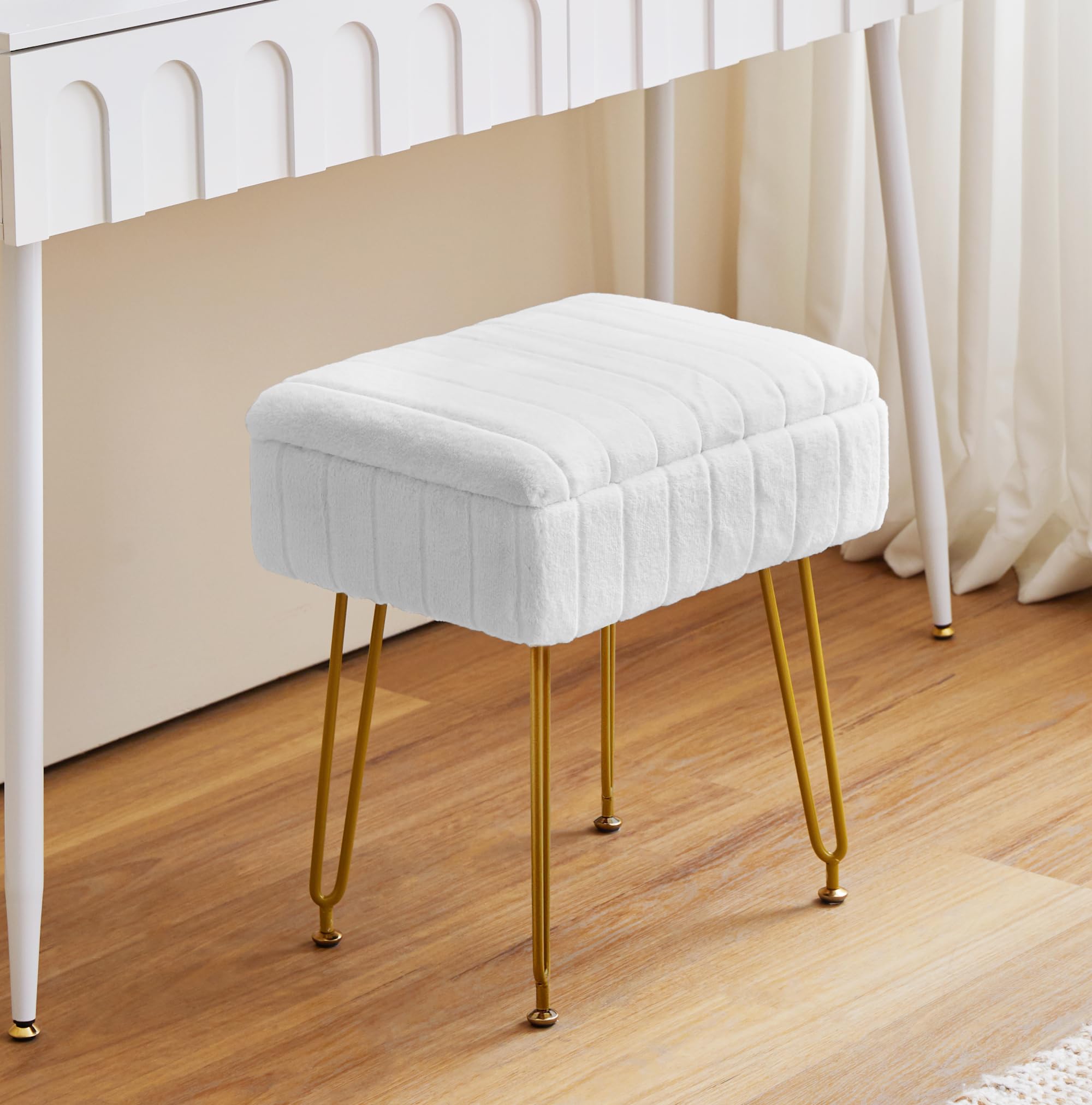 CZBNYX White Vanity Chair Stool with Storage Small Makeup Chair for Vanity Seat Bench with 4 Metal Legs and Adjustable Anti-Slip Feet Cute Faux Fur