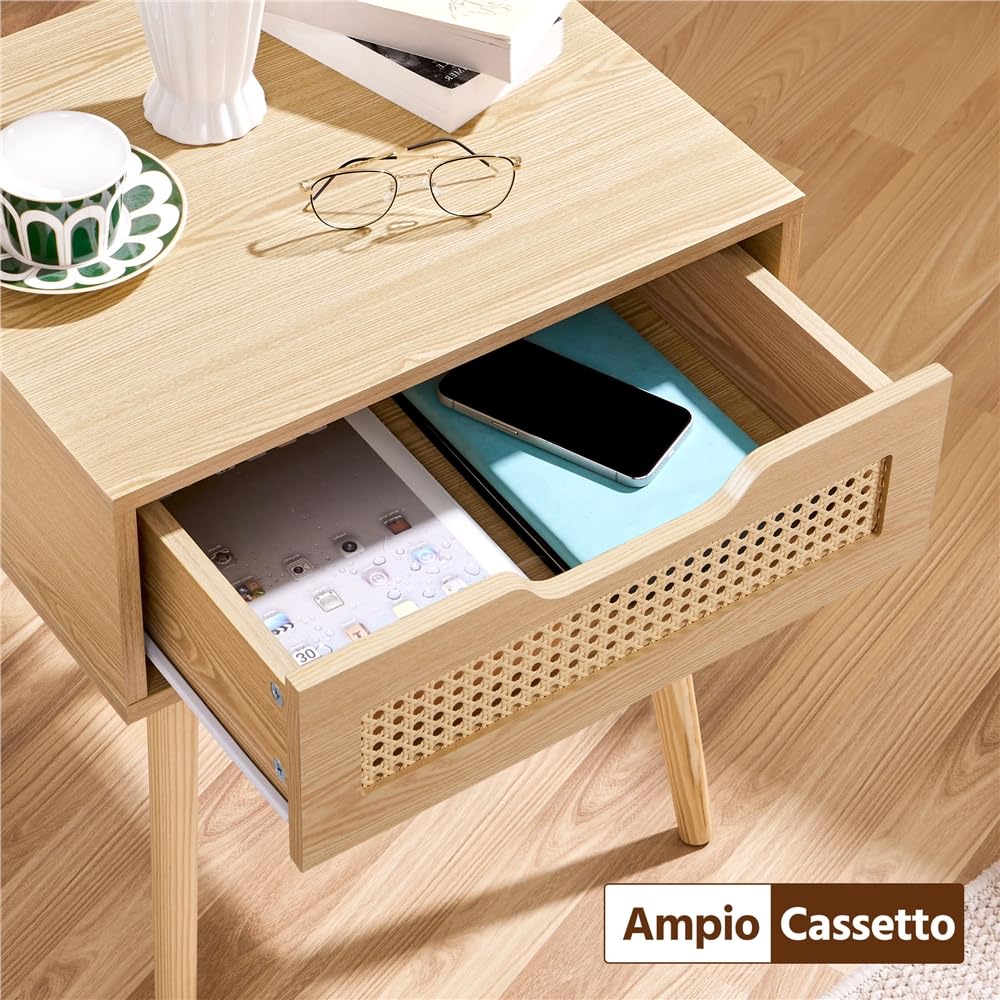 Yaheetech Comodino da Camera da Letto Comodinio con Cassetto in Rattan Comodino da Notte Stile Scandinavo Organizzatore da Letto Moderno Tavolino da Salotto in Legno 48,5 x 41 x 57,5 cm Marrone Chiaro