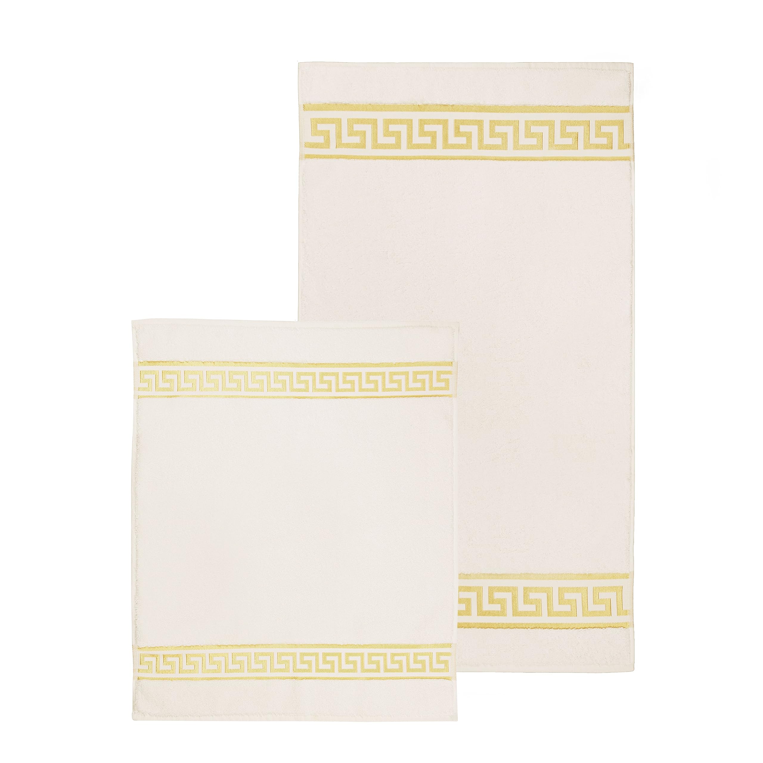 Badematte Badezimmerteppich Badteppich Duschmatte Badvorleger Set 2 teilig griechisches Mäander Muster in beige Creme Gold mit Noppen - 100% Baumwolle rutschfest waschbar Fussbodenheizung - 2er Set