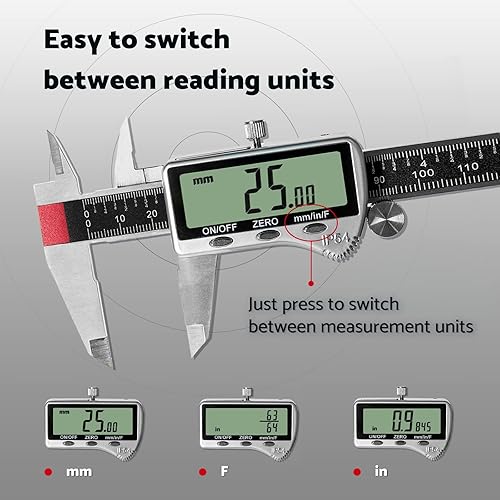 Miniatura 6 de Herramienta de medición de pinza digital de 6 pulgadas con pantalla LCD extra grande DCXD6-SS-54, micrómetro digital de pinza Vernier IP54, mide