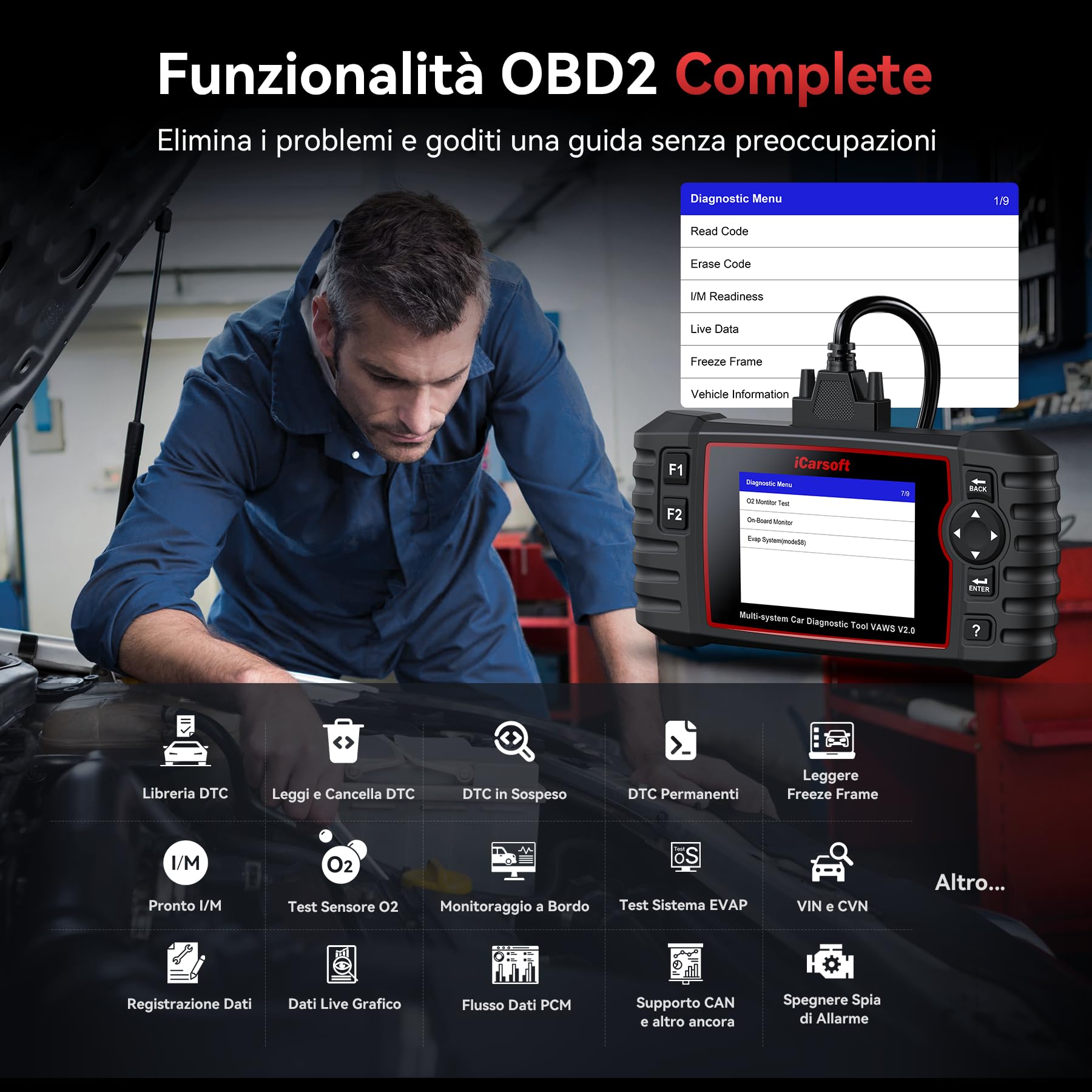 iCarsoft VAWS V2.0 OBD2 Auto Diagnostica per V.W/AU.di/Skoda/Seat, Diagnosi Auto in Italiano Tutti i Sistemi, 9 Funzioni di Ripristino, Olio/EPB/BMS/ETC/SAS/INJ/TPMS/DP-F/ABS, Aggiornamento a Vita