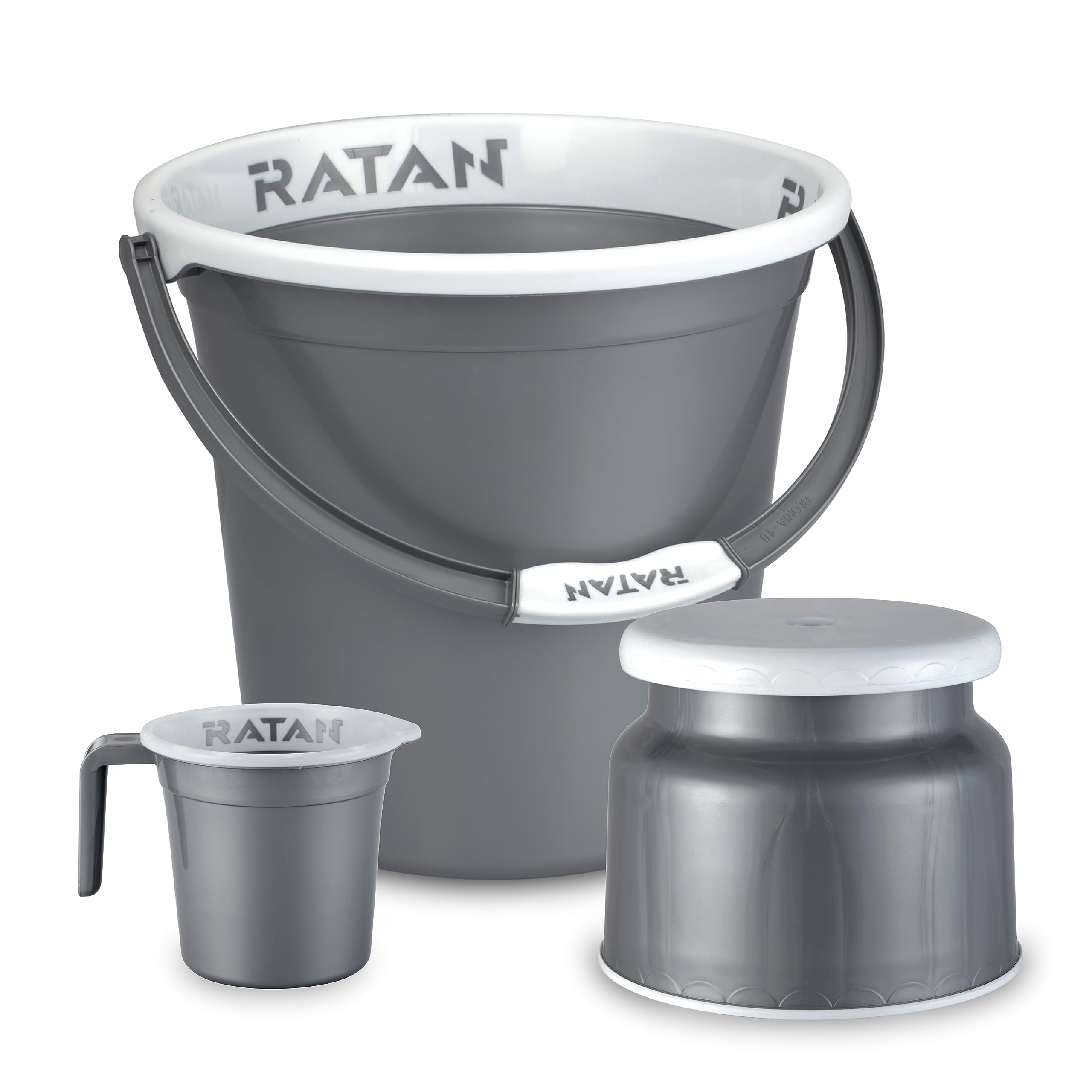 RATAN PLASTICWAREPlastic Bathroom Set of 3 Pieces Combo Pack Gloria Plain,NIR Silver, 20 Liters Bucket + Nova Stool Patla 107 + Gloria Plain Bath Mug 1.5 Liters