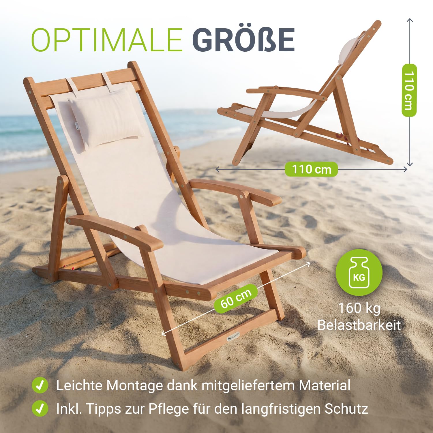 Juskys® Sonnenliege Tavira Creme - Klappbar, 3-Fach verstellbare Rückenlehne, mit abnehmbarem Kopfpolster, wetterfest, geöltes Akazienholz, 6 kg