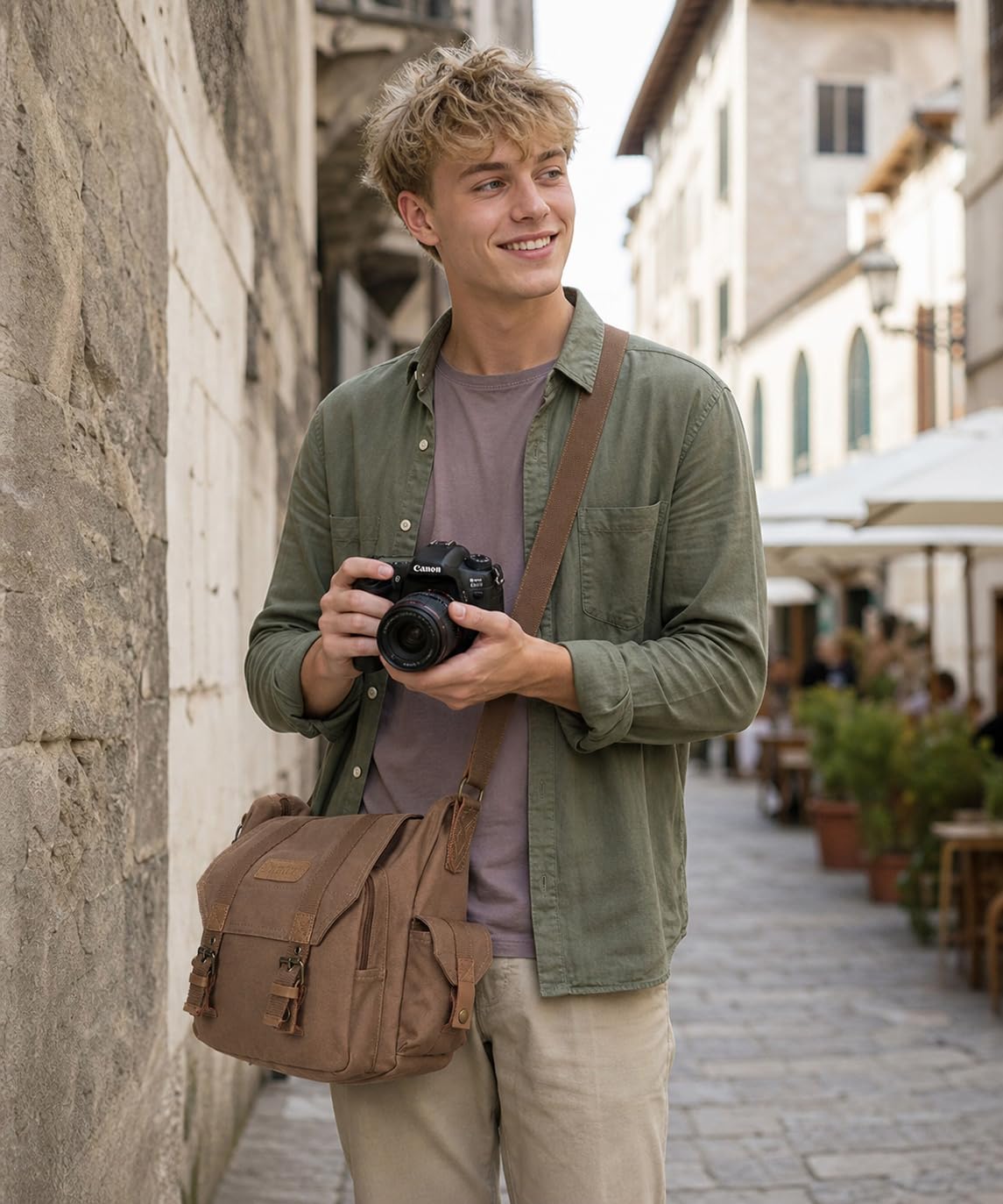 Cwatcun Bolsa para cámara Bolsas de Lona para cámara, Bolsa para cámara SLR, SLR/DSLR, cámara compacta, cámara de Sistema y Accesorios con Estuche extraíble Bolsa Mensajero, Café, L