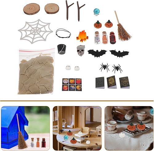 Miniatura 3 de LUOZZY Accesorios para casa de muñecas con temática de Halloween, diseño de murciélago de bruja en miniatura, calabaza, calavera y calabaza para