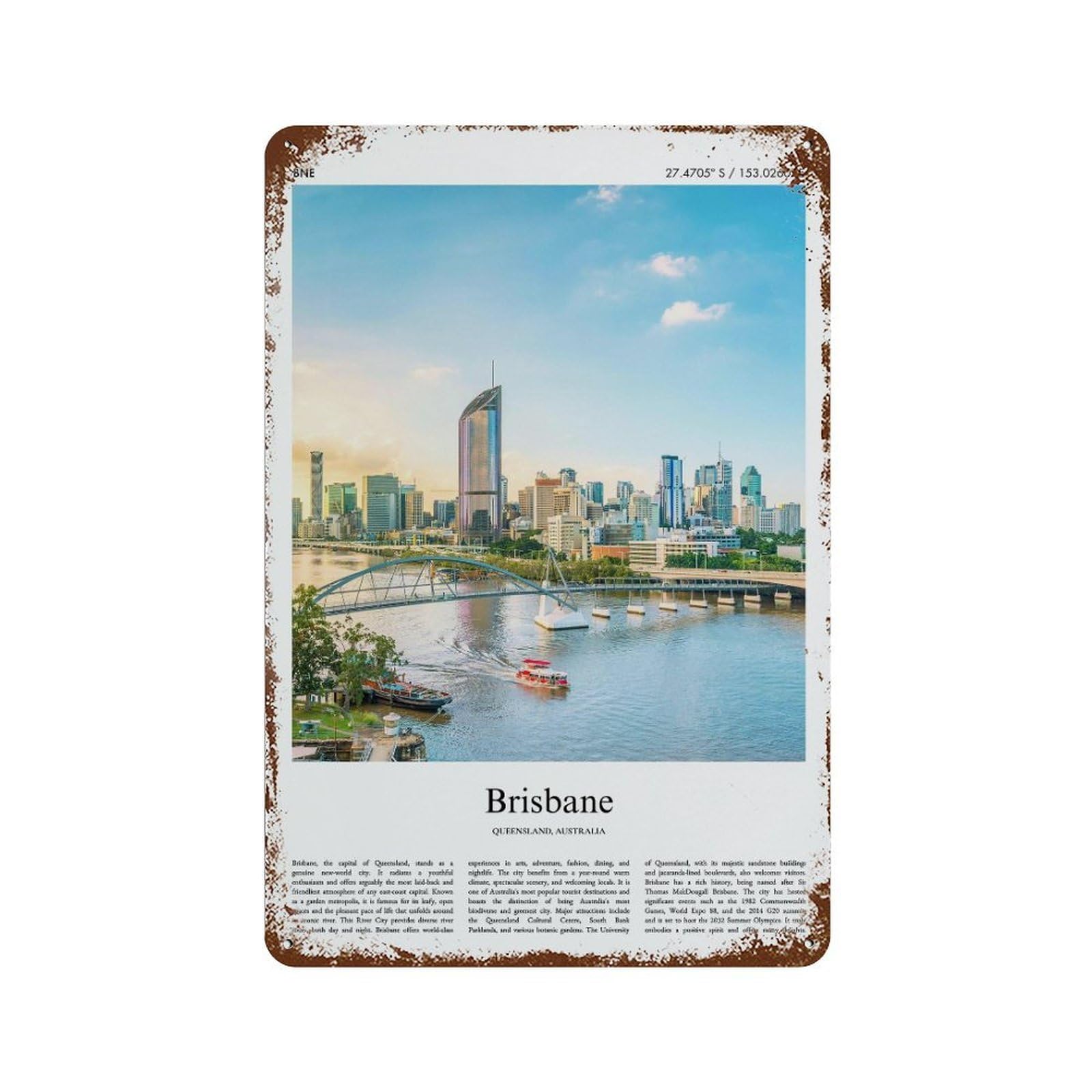 xiaoxiaoshen Brisbane Queensland, Australia City Scenery Wall Decor Art Metal Tin Poster Modern Home Decor Art Home Bar Shop Decorations Vintage Sign 30x20cm