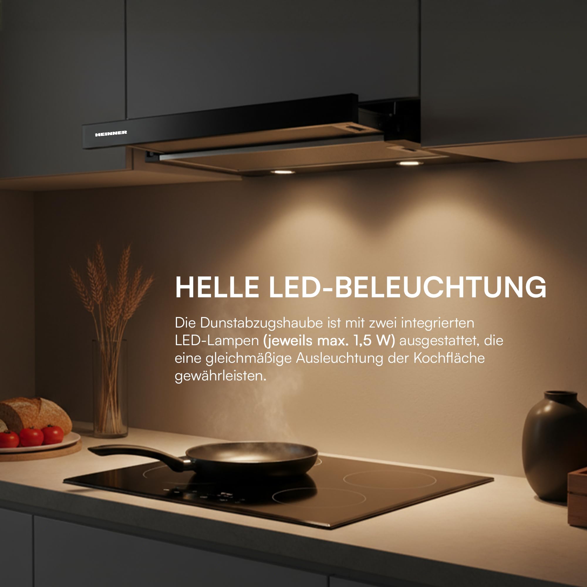 HTCH-F660GBK Einbauherd 60 cm Küchenabzugshaube 611,7 m³/h Absaugleistung LED-Beleuchtung Edelstahl-Finish