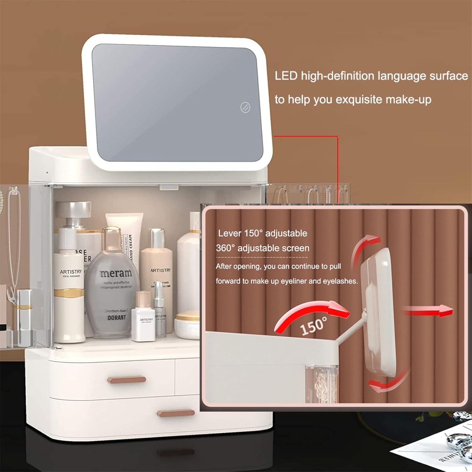 Make up Organizers and Storage for Vanity,Large Capacity Dust And Waterproof Skincare Organizer,Double Door Transparent Acrylic Cosmetic Case with Three Drawers,with Mirror Cosmetic Display Case