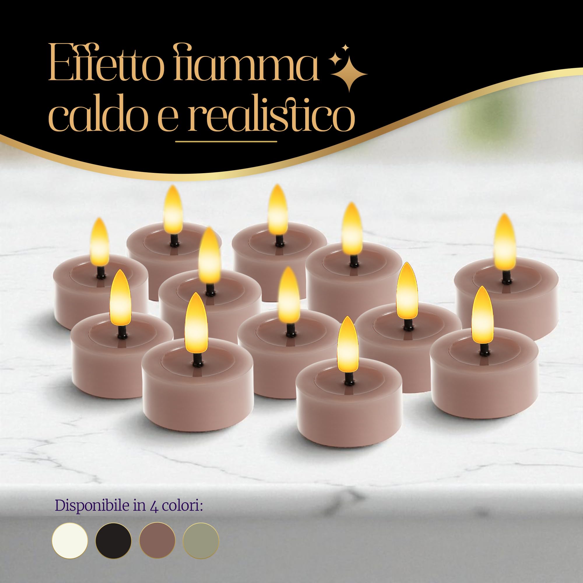 Meisterhome Set di 12 lumini a LED, senza fiamma, con luce tremolante, Ø 4,5 cm, altezza 2,5 cm, vera cera, con timer e telecomando, funzionamento a batteria, luce bianca calda