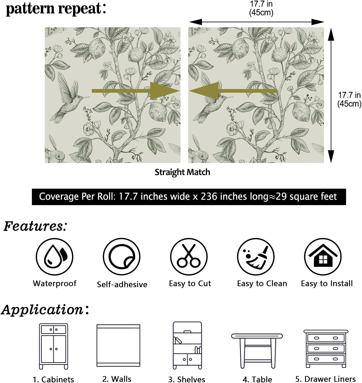 CHIHUT 17.7 inch × 236 inch Green Floral Peel and Stick Wallpaper Birds Self Adhesive Removable Wallpaper Waterproof Lemon Tree Floral Leaf Wall Decals Vinyl Prepasted for Bathroom Nursery Wall Decor