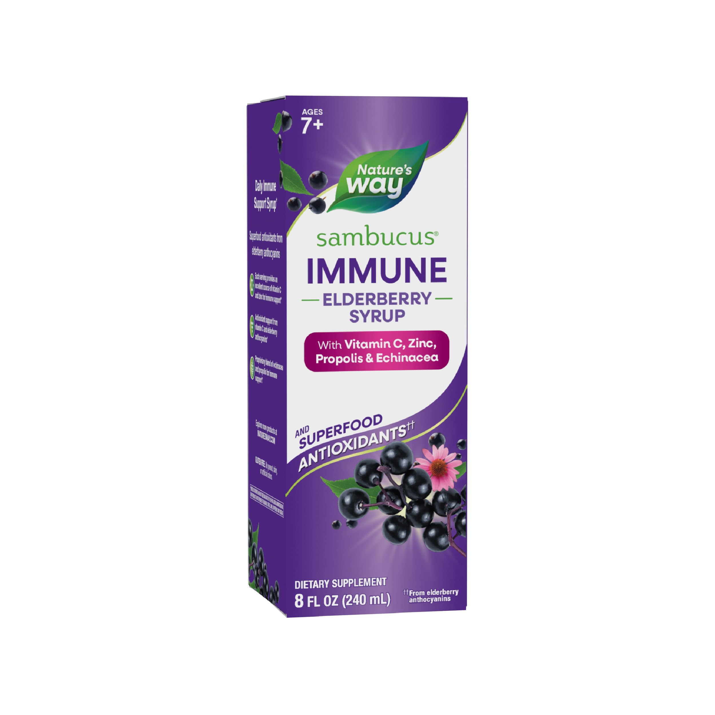 Nature's Way Sambucus Immune Elderberry Syrup, Elderberry extract, Vitamin C and Zinc with Propolis & Echinacea for Immune Support*, with Superfood Antioxidants(1), 8 Fl Oz (Packaging May Vary)
