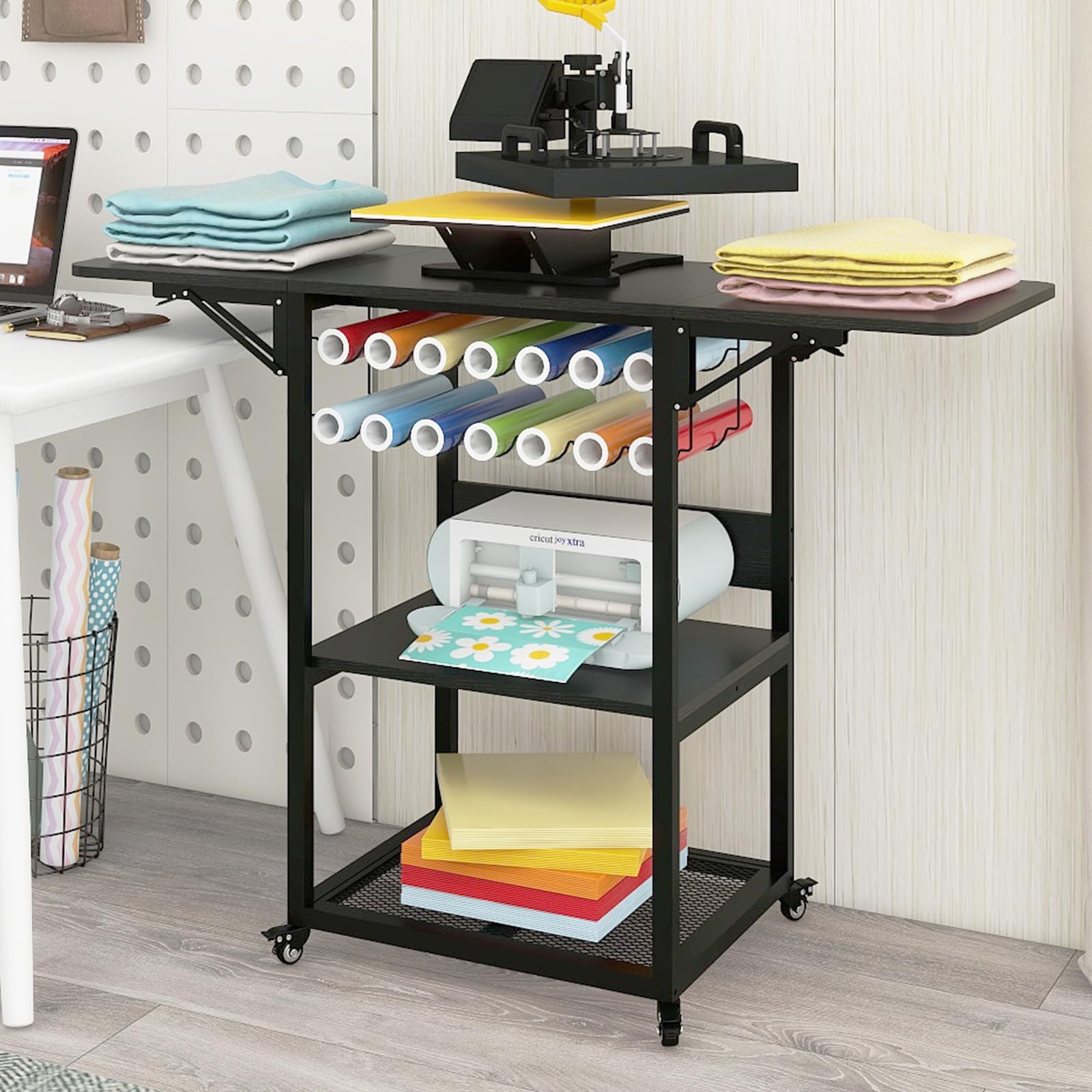 Mesa de prensa de calor móvil de 3 niveles PUNCIA con soporte para rollo de vinilo, soporte de transferencia de calor con estante plegable, banco de trabajo rodante resistente para máquina de transferencia de sublimación DIY, carrito de prensa de calor, mesa de manualidades