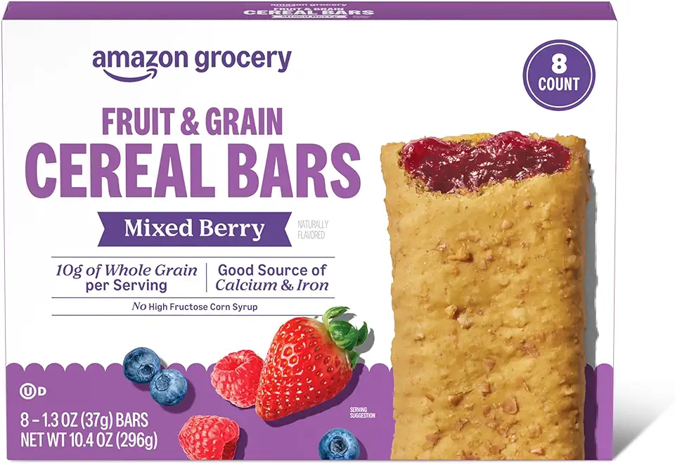 Amazon Grocery, Mixed Berry Fruit &amp; Grain Cereal Bar, 1.3 Oz, 8 Ct (Previously Happy Belly, Packaging May Vary)