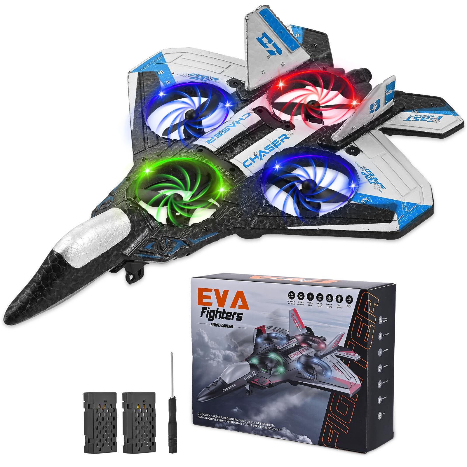 Ferngesteuertes Flugzeug, 3 Geschwindigkeitsstufen, RC Flugzeug, 360 ° Rotationen und Fässer, ausgestattet mit LED-Nachtlicht und 2 wiederaufladbaren Batterien, ideal für Anfänger und Kinder