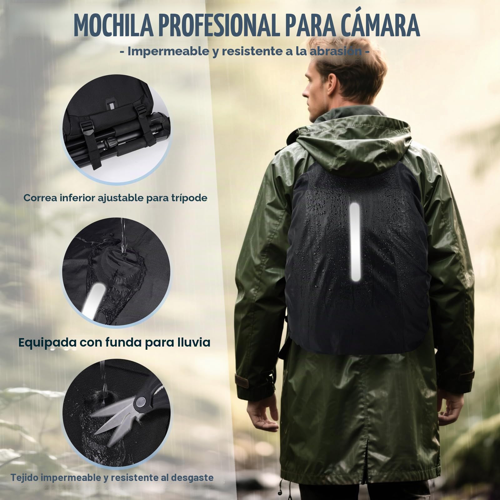 RAINSMORE Mochila para Cámaras de Fotógrafos Mochila Fotografia Profesional para Portátil 14 Pulgadas, Camera Bag con Funda Impermeable para DSLR Canon Nikon Sony Negro