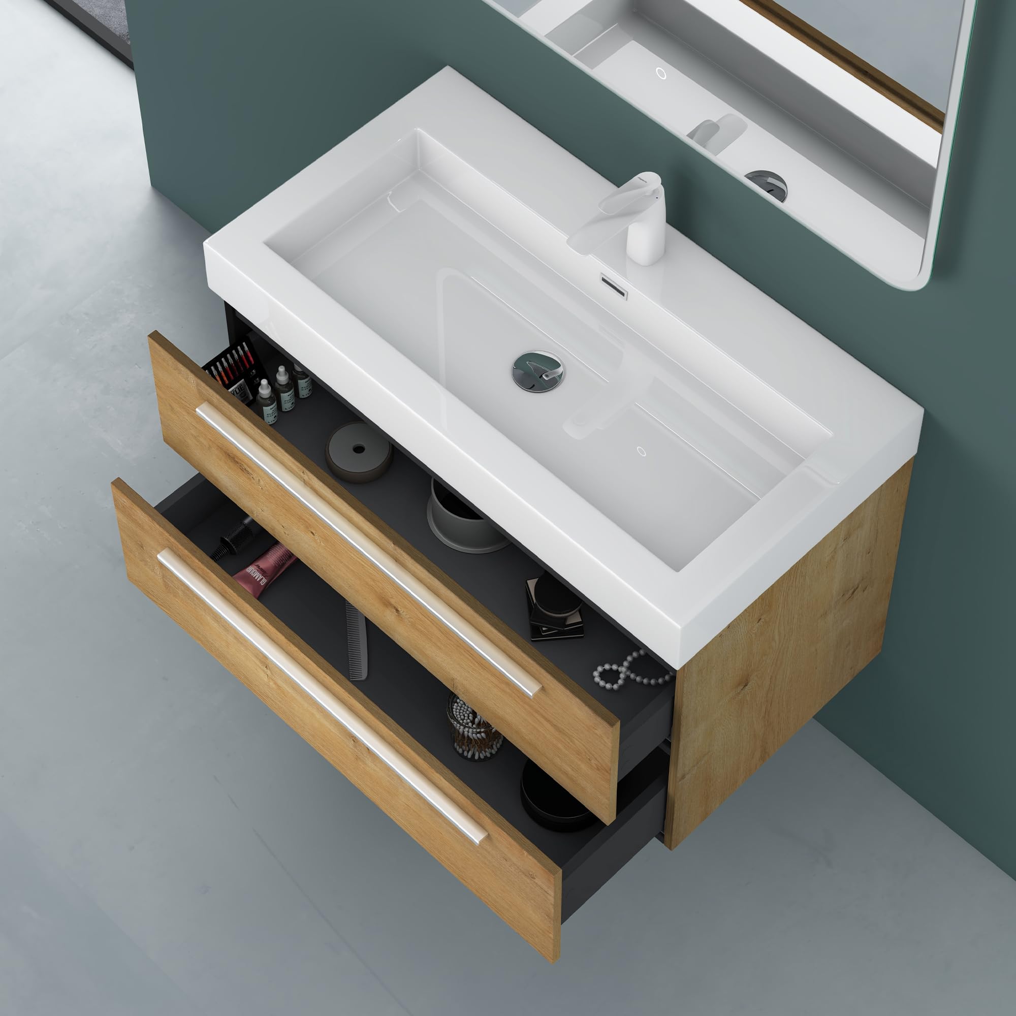 Mai & Mai Meuble de Salle de Bain Marron Clair 90cm Meuble sous Vasque Quadratto Meuble Suspendu avec Vasque