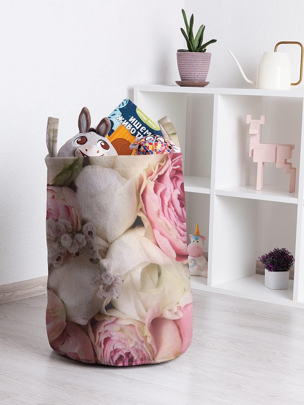 Ambesonne Flower Laundry Bag, Wedding Corsage Arrangement of Roses I Love You Forever Foliage Vintage, Hamper Basket with Handle Drawstring Closure for Laundromats, 13" x 19", Pink Beige