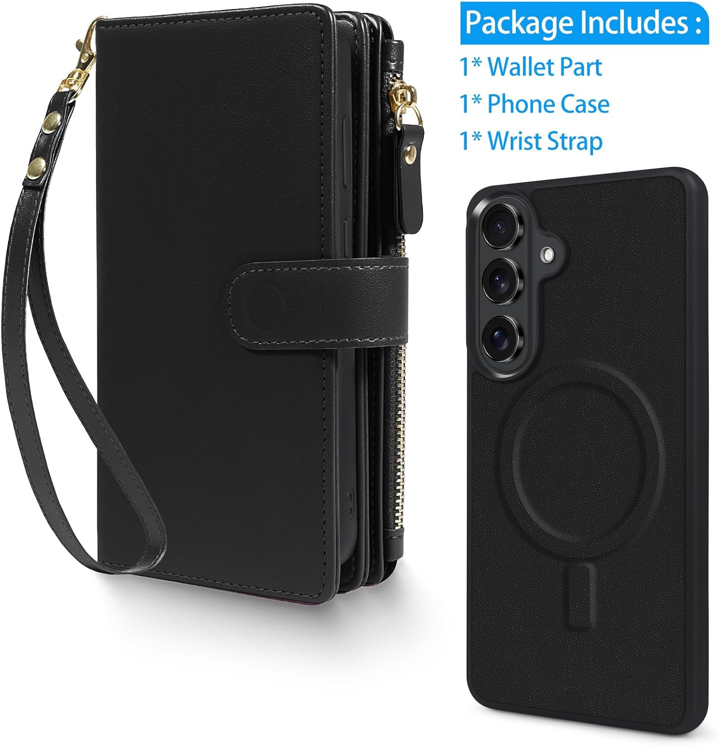Harryshell 2 in 1 for Samsung Galaxy S26 Plus Wallet Case Magnetic Compatible with Magsafe RFID Blocking Card Holder Detachable Phone Cover Zipper Purse Kickstand Wrist Strap for Men Women Black