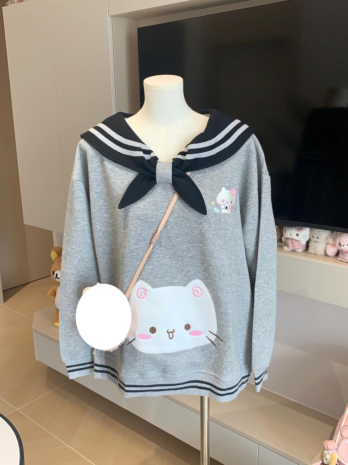 Womens Kawaii Doll Collar Cat Graphic Sweatshirt Cute Embroidery Bow Tops Warm Ribbed Stripe Harajuku Sweatshirts - Image 6