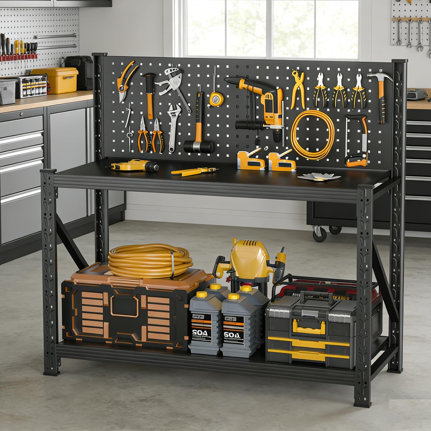 1 Set Work Bench with Pegboard Adjustable Height with Storage Shelf, Max Load 2000 LBS Heavy Duty Tabletop with Pegboard,Woodworking Shop, Garage, Home