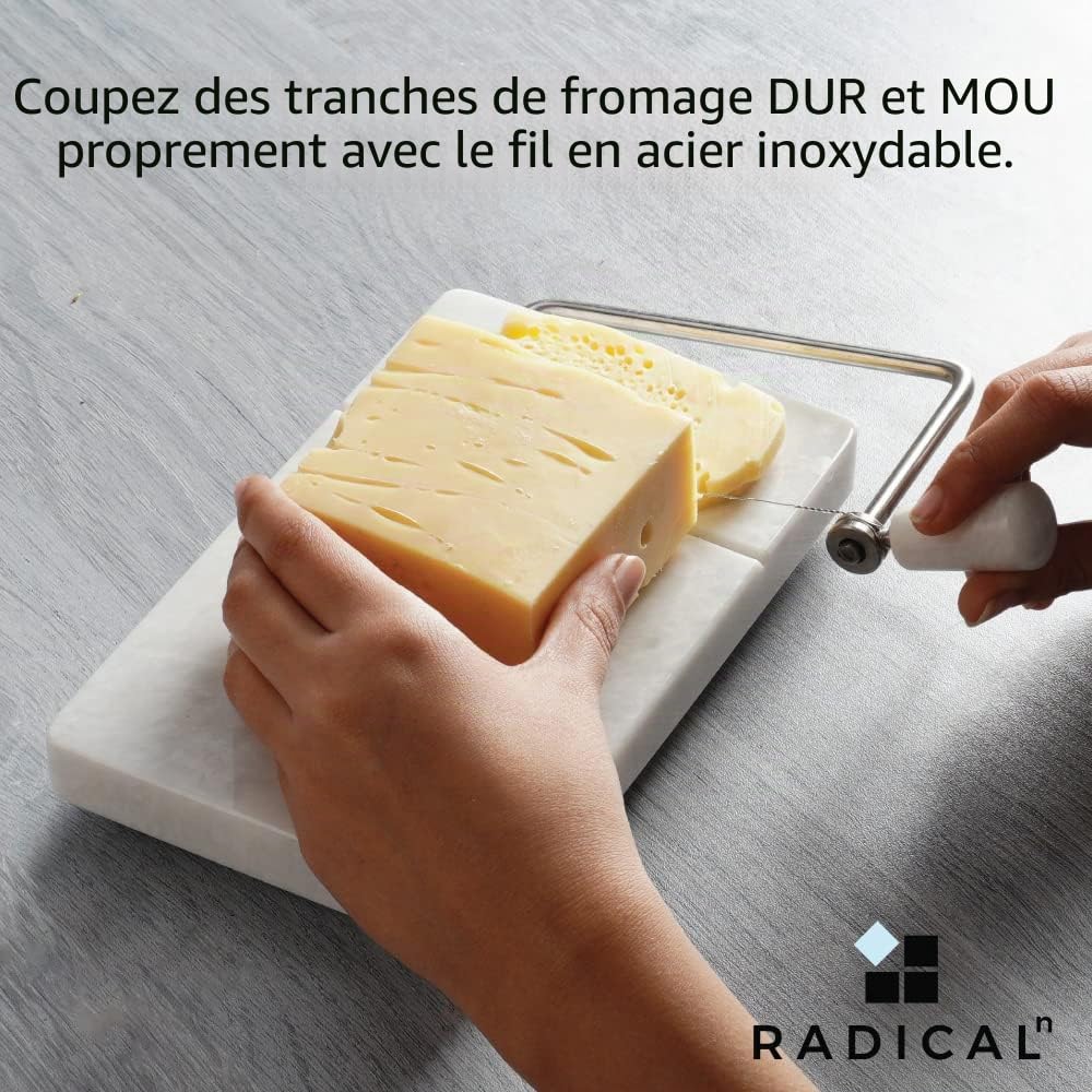 Radicaln Trancheuse à fromage, aliments mous en marbre blanc, planche à découper artisanale avec fil métallique - Coupe-légumes, 4 fils de rechange, 20,3 x 12,7 cm