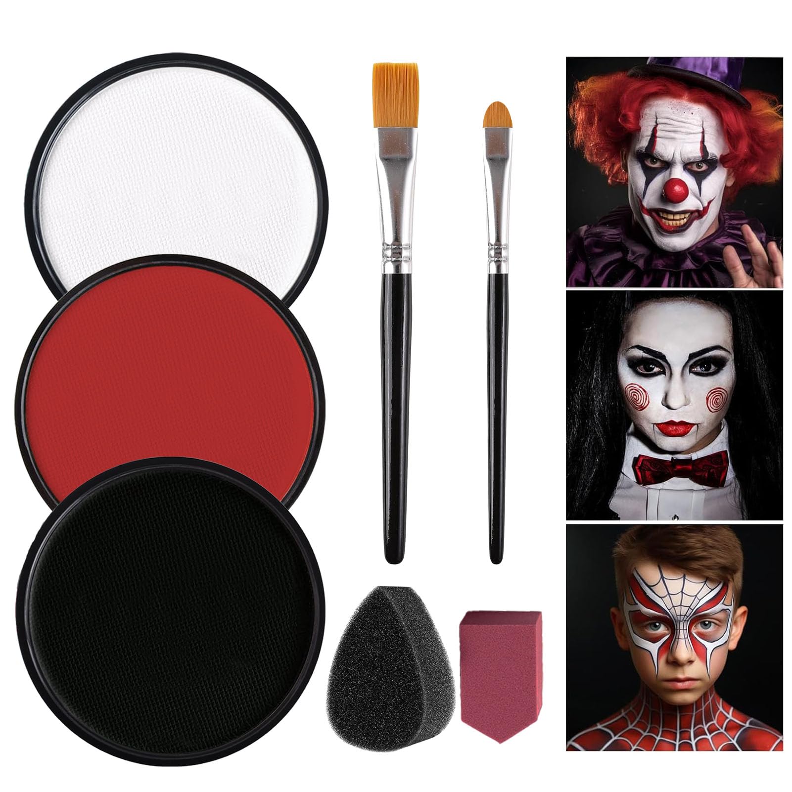 Black + White + Red Face Body Paint, Water-Based Face Painting Kit Professional, Large Capacity SFX Makeup Set with brush & Powder puff, Sponge for Halloween Makeup Clown, Cosplay, Stage Black+White+Red