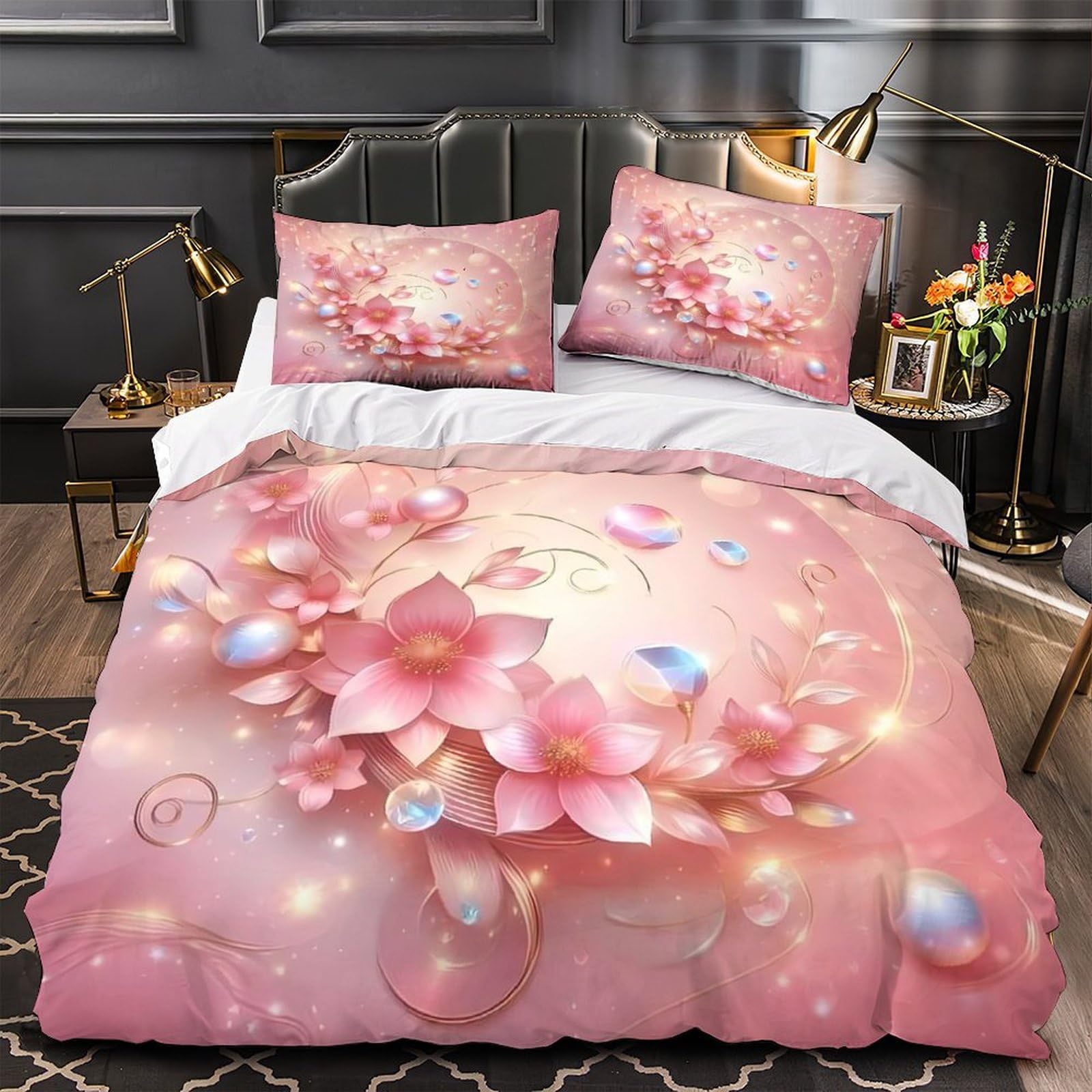 Parure de lit cerf rose 220x240cm avec housse de couette imprimée 3D en microfibre pour lit king