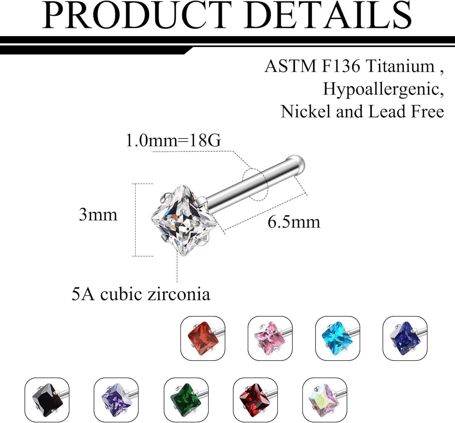 Ruifan ASTM F136 Titanium Nose Rings 18G 20G 22G Mix Color Square Cubic Zirconia Nose Studs Ring Screw L-Shaped Bone Hypoallergenic Body Piercing Jewelry for Women 3mm 10PCS - Image 2