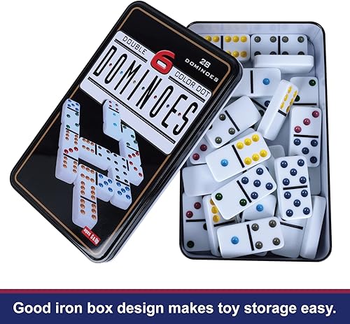 Miniatura 5 de GOTHINK Juego de dominó doble de 6 para adultos con caja de hojalata – 28 juegos de dominó de colores de azulejos para regalo de noche familiar,