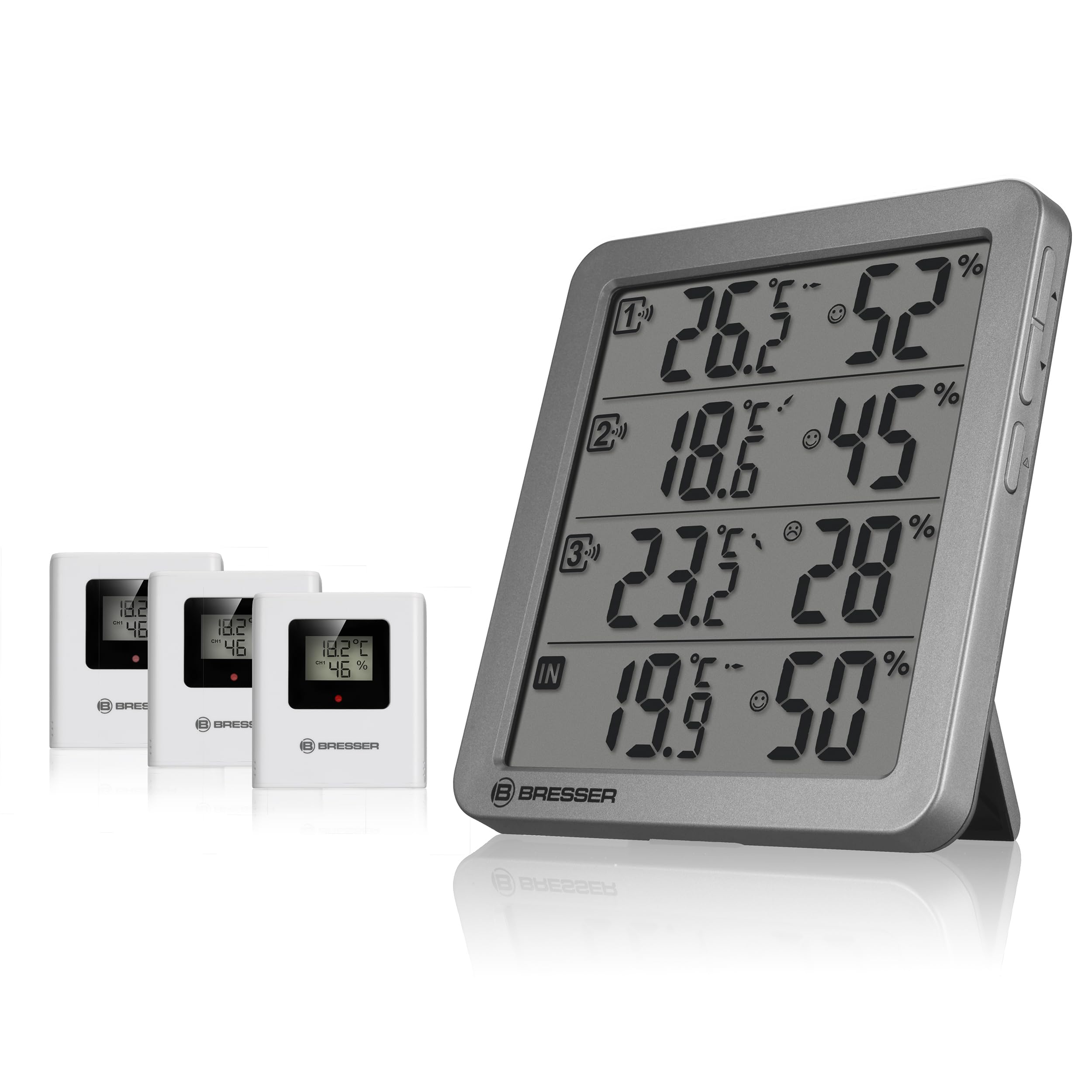 Bresser Thermo-​Hygromètre Ensemble avec 3 Capteurs Sans Fil Température Humidité Alarme Affichage