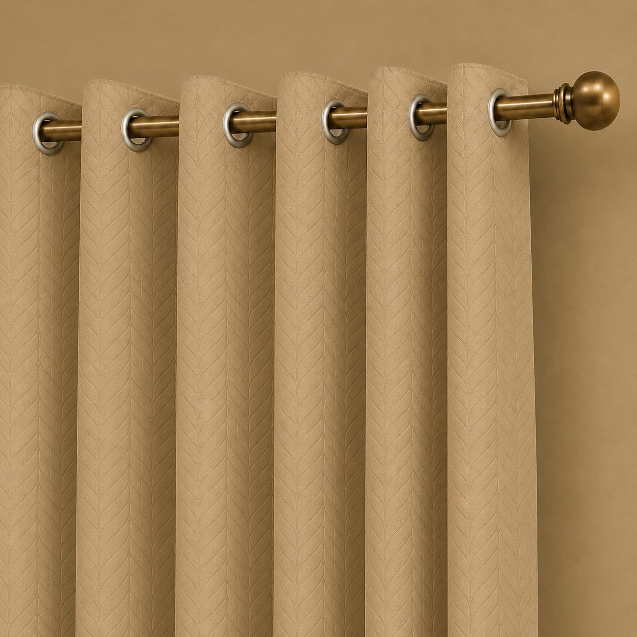 LINENWALAS 100% True Blackout Door Curtains 7.5 Feet Long Set of 2 |Embossed Herringbone Leaf Design |Room Darkening Curtain |Thermal Insulated Curtains for Living Room (129 x 229 cm, Golden Beige)