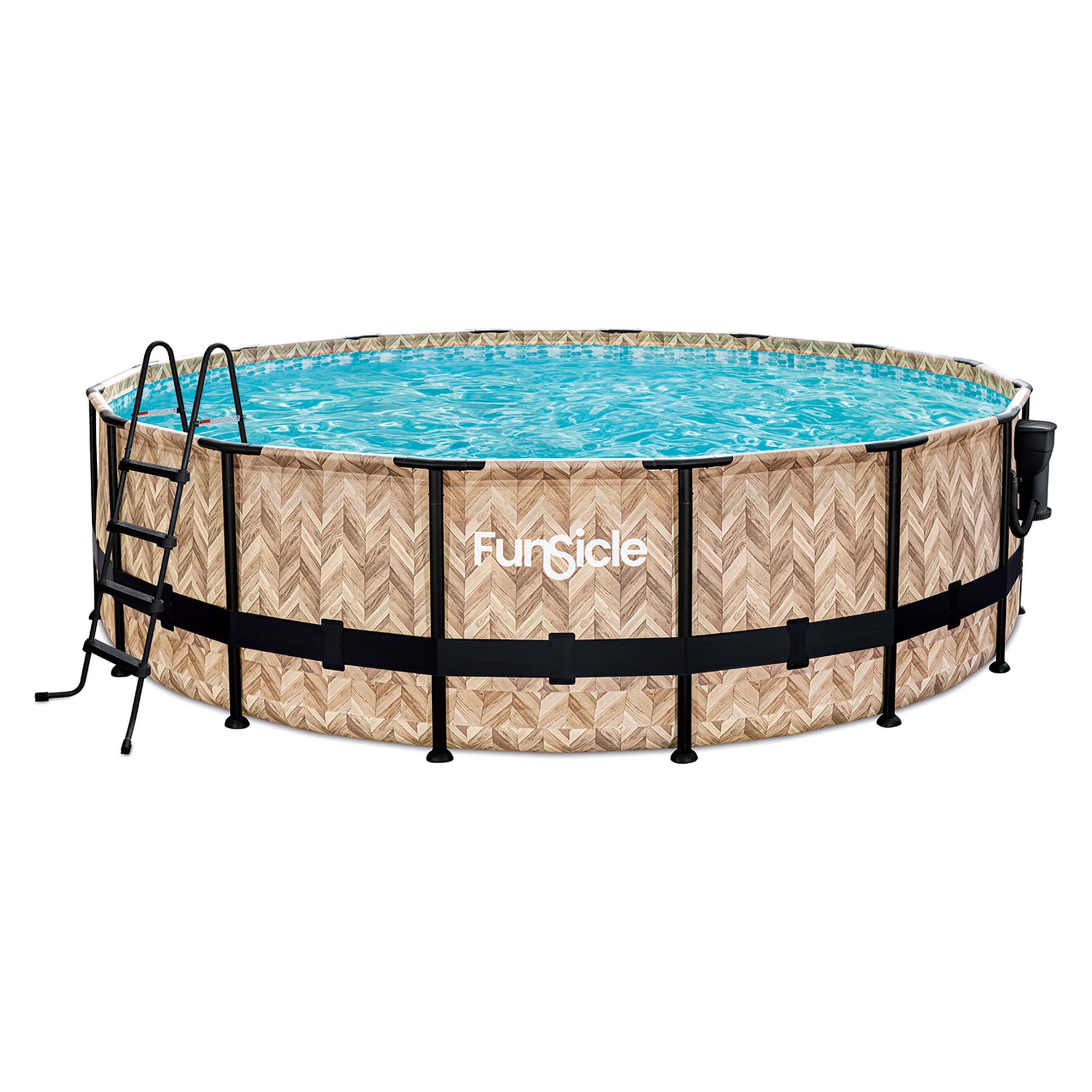 Funsicle16 Foot x 48 Inch Oasis Designer Outdoor Round Above Ground Swimming Pool with SkimmerPlus Filter Pump, Ladder, and Cover, Oak Herringbone