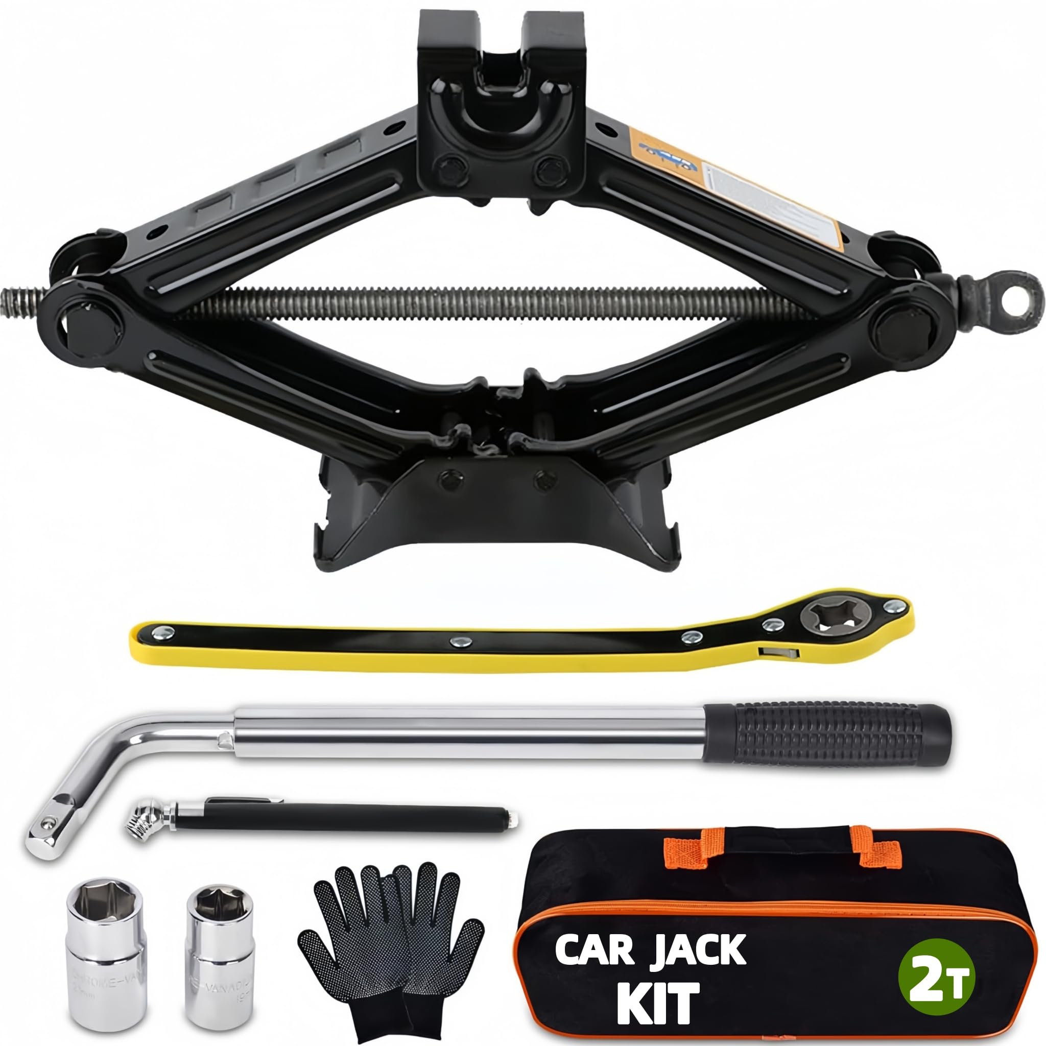 2 Tonne Scissor Jack Kit for Car SUV Universal Tyre Change Tool Set with Ratchet Wrench, Lug Nut Wrench (17/19/21/23mm), Gloves & Bag, Emergency Roadside Recovery Lifting Kit for Vehicle Van