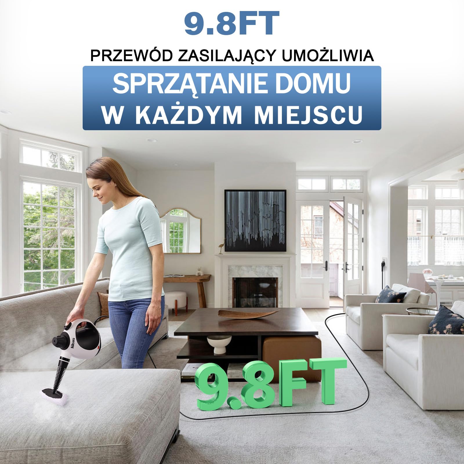 KLONA Ręczna myjka parowa do domu, wielofunkcyjna myjka parowa z 10 akcesoriami do dywanów, zasłon, sof, kuchni, łazienki i wielu innych.